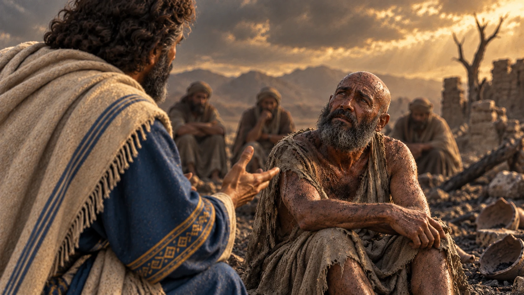 Bildad addresses bereaved Job while the other two friends sit behind them.