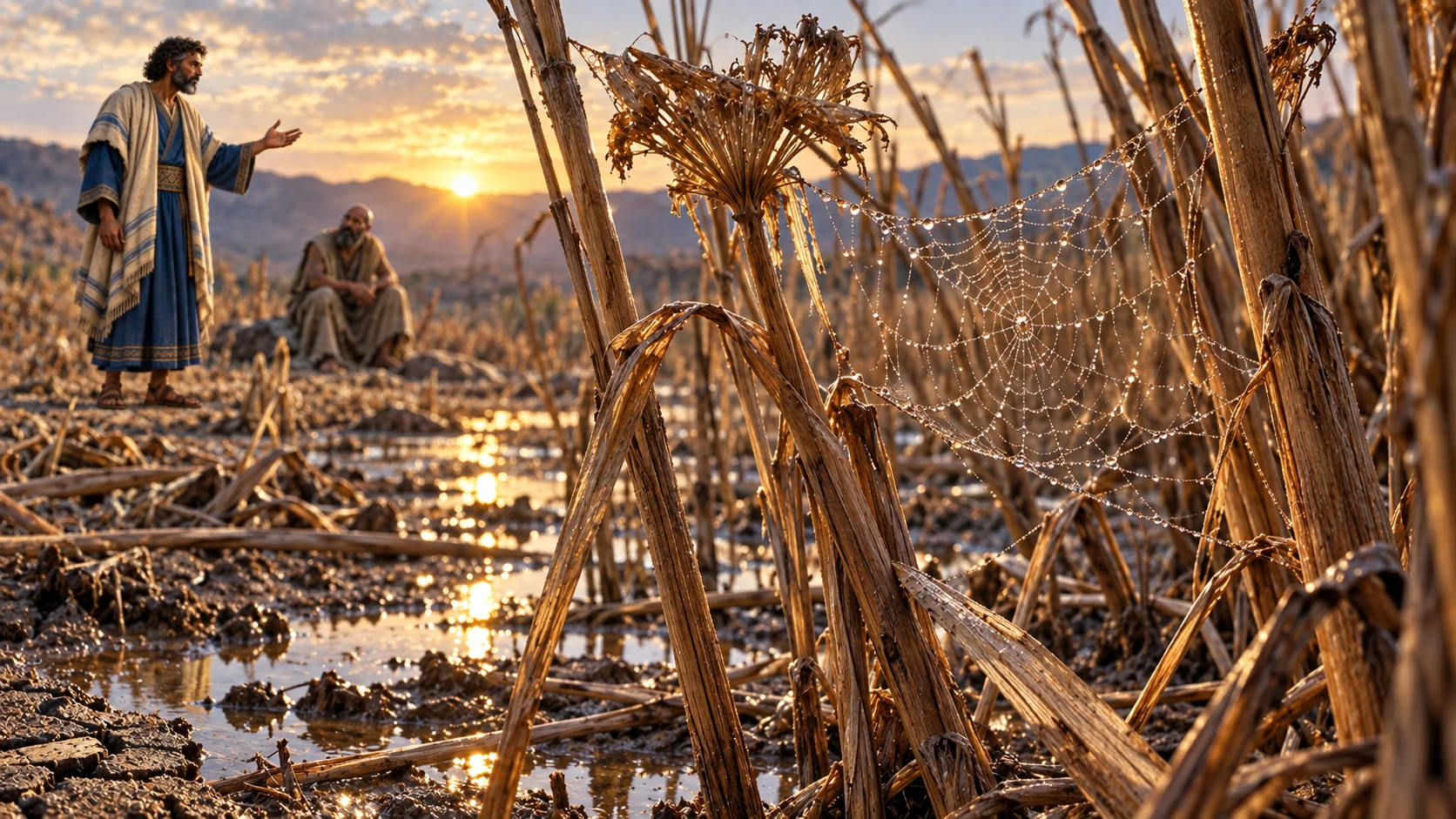A spider web hangs between brittle reeds as Bildad speaks in the distance.
