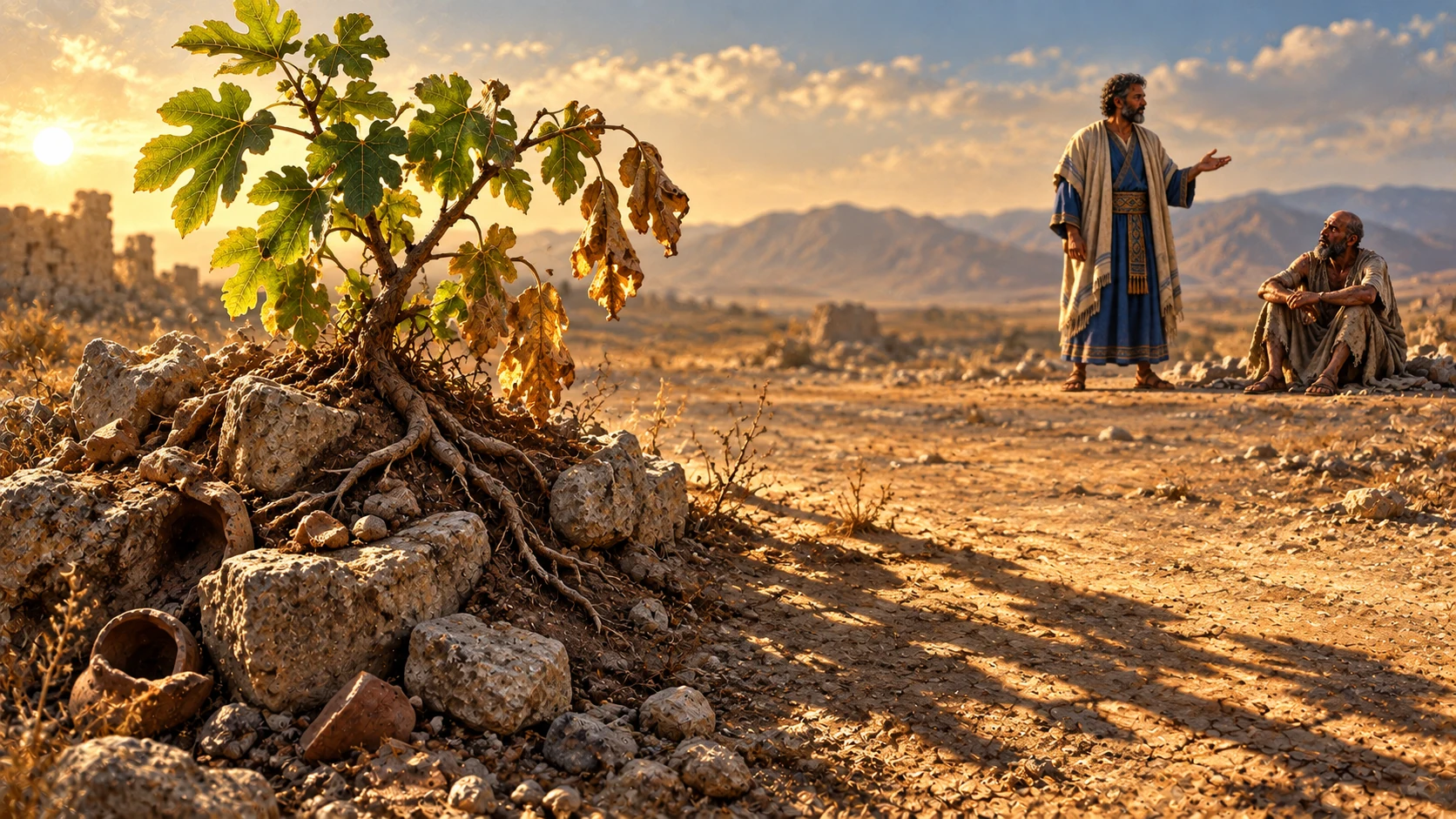 A plant grows over a stone heap; Bildad and Job stand far beyond it.