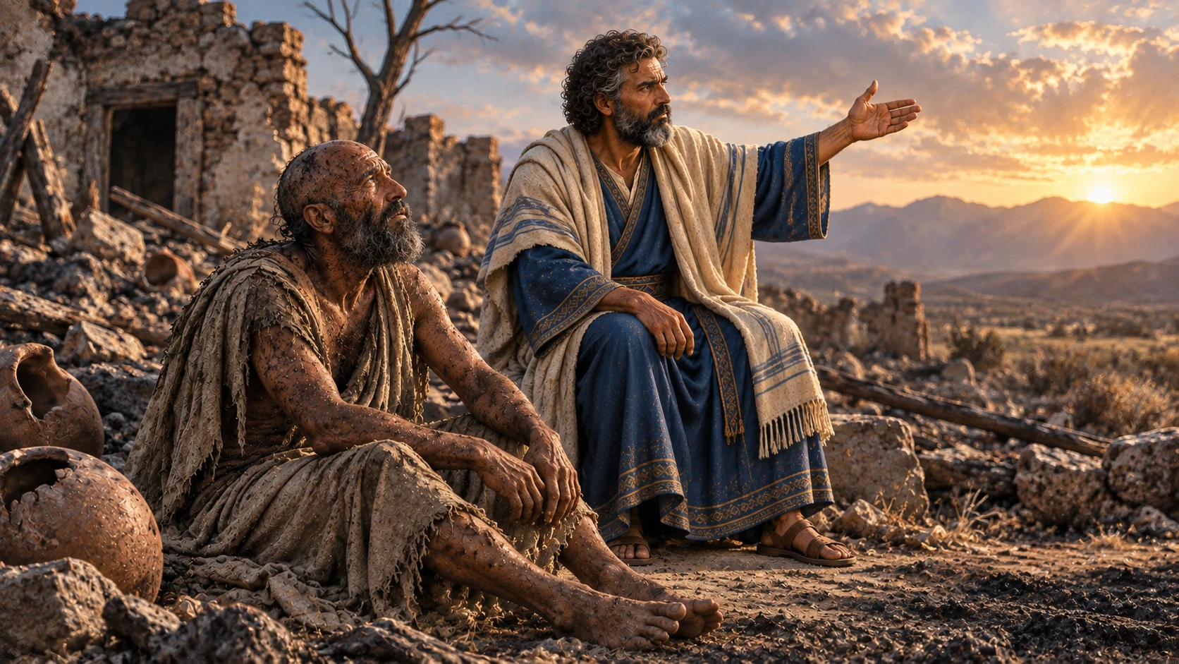 Bildad points toward the horizon as afflicted Job remains beside his ruined home.