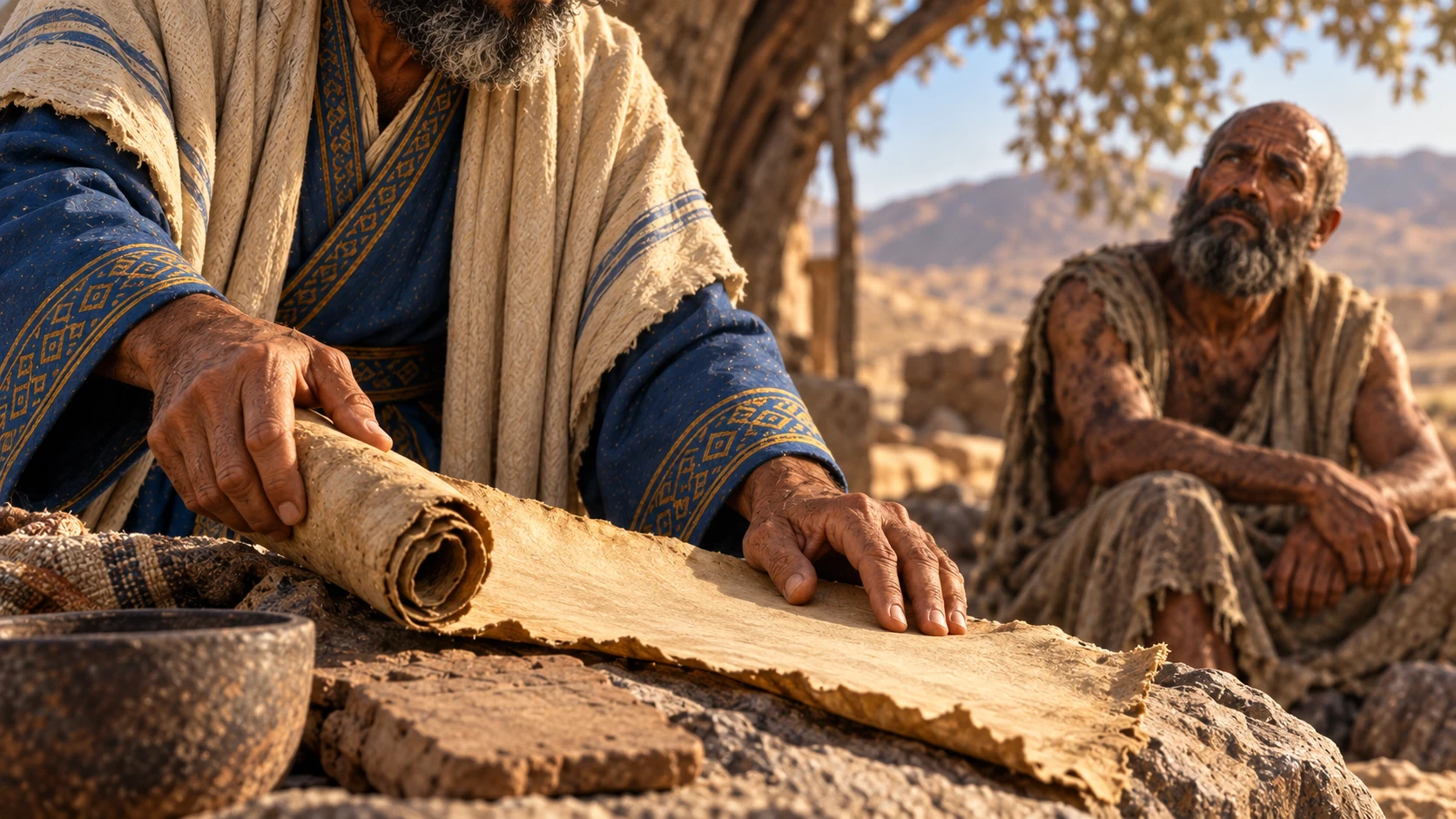 Bildad handles an unlettered scroll while Job listens beneath a tree.