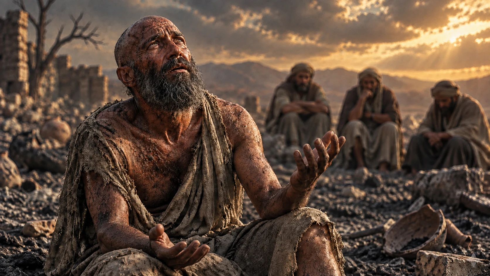 Job speaks with open hands as his three friends sit behind him.