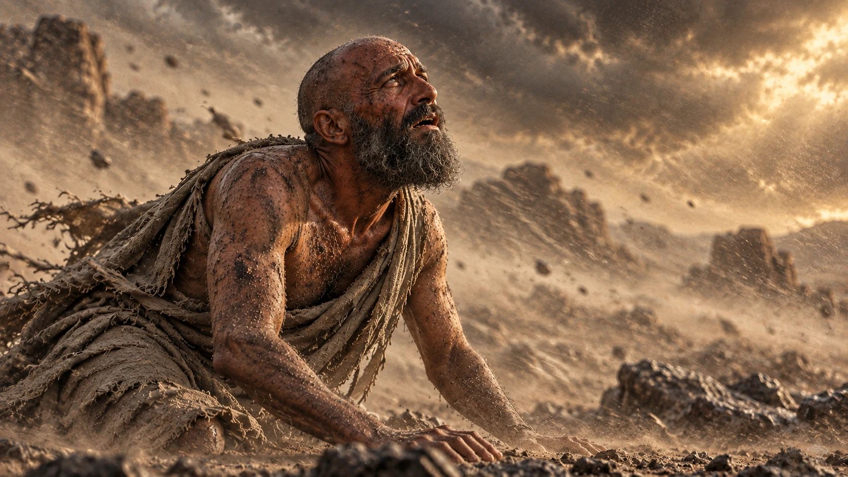 Wind and dust sweep around afflicted Job beneath a storm.