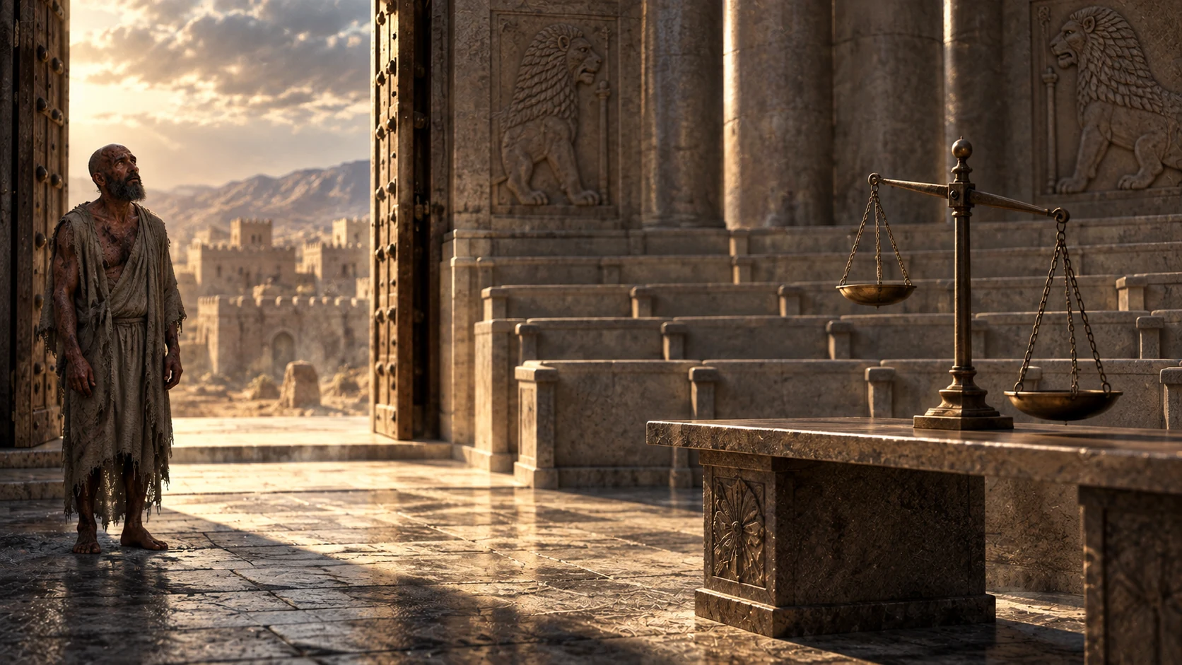 Job stands at the threshold of an empty judgment hall with scales.
