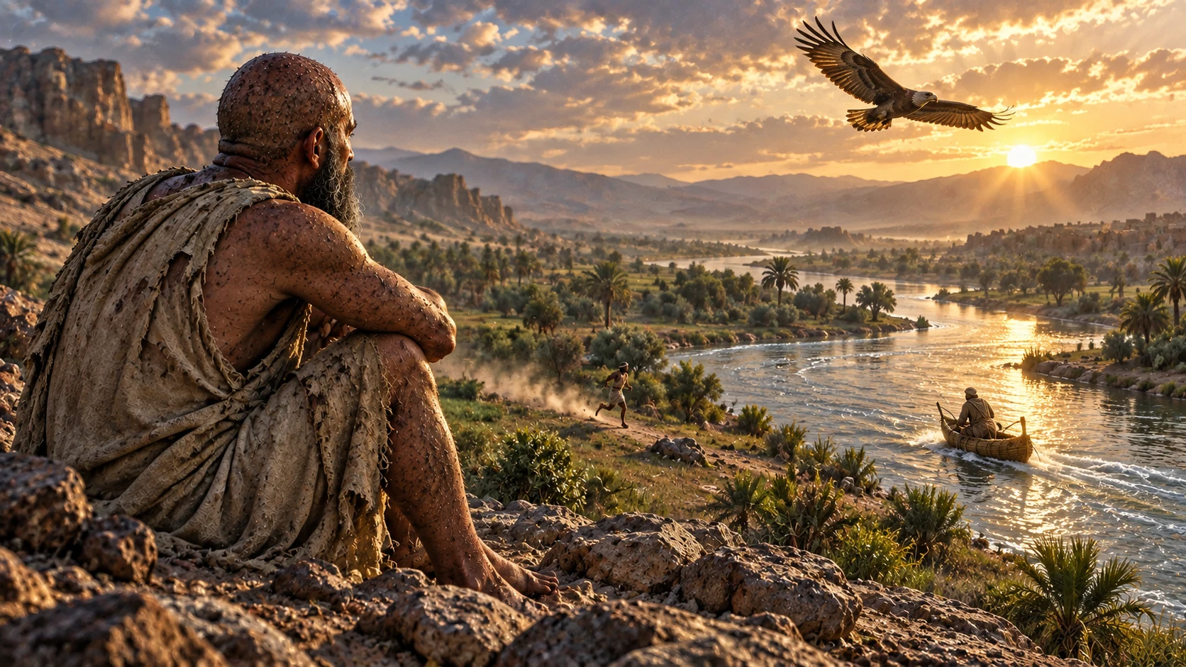 Job watches a reed boat pass on a river beneath an eagle.