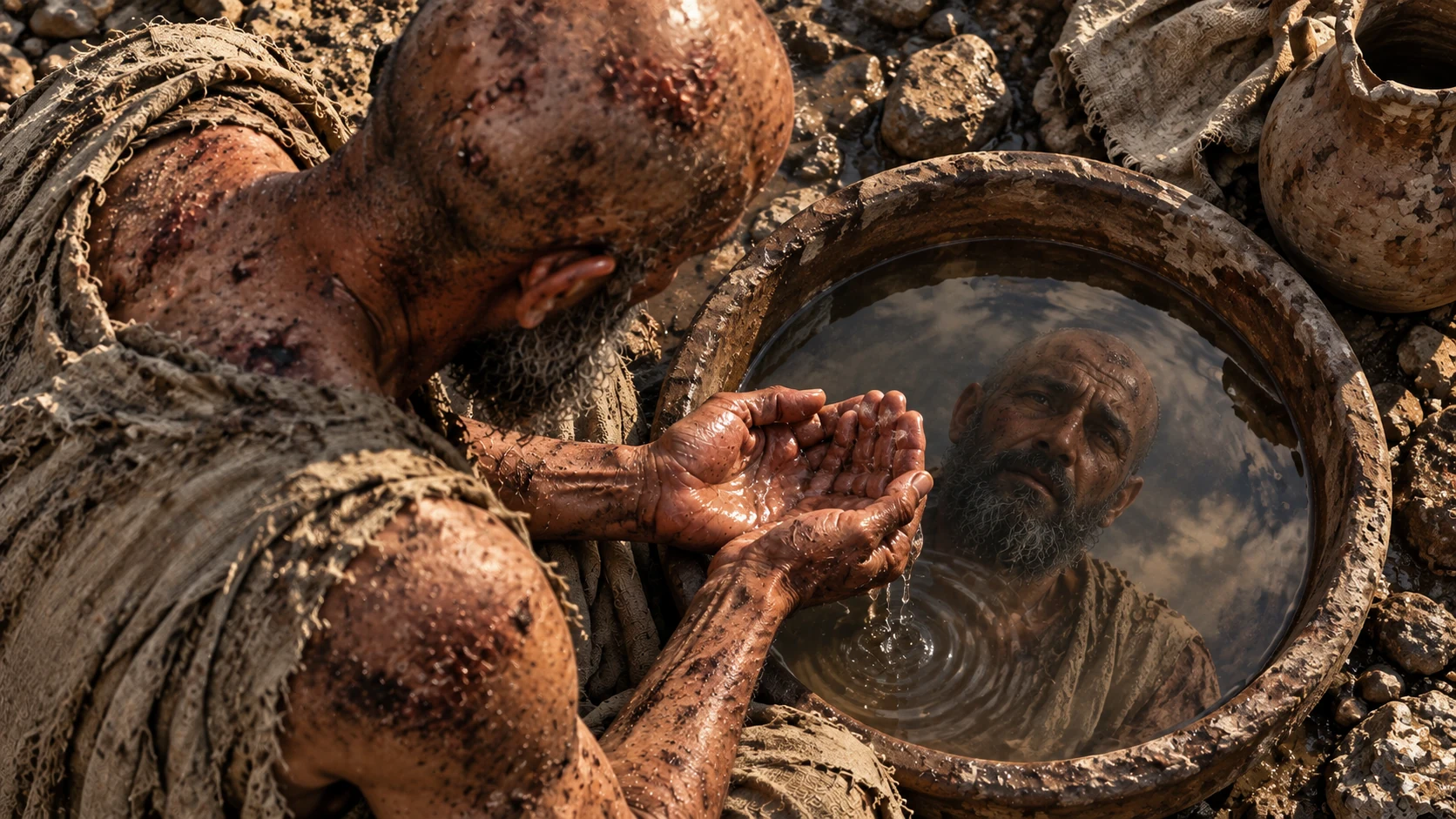 Job washes his injured hands over a basin and sees his reflection.