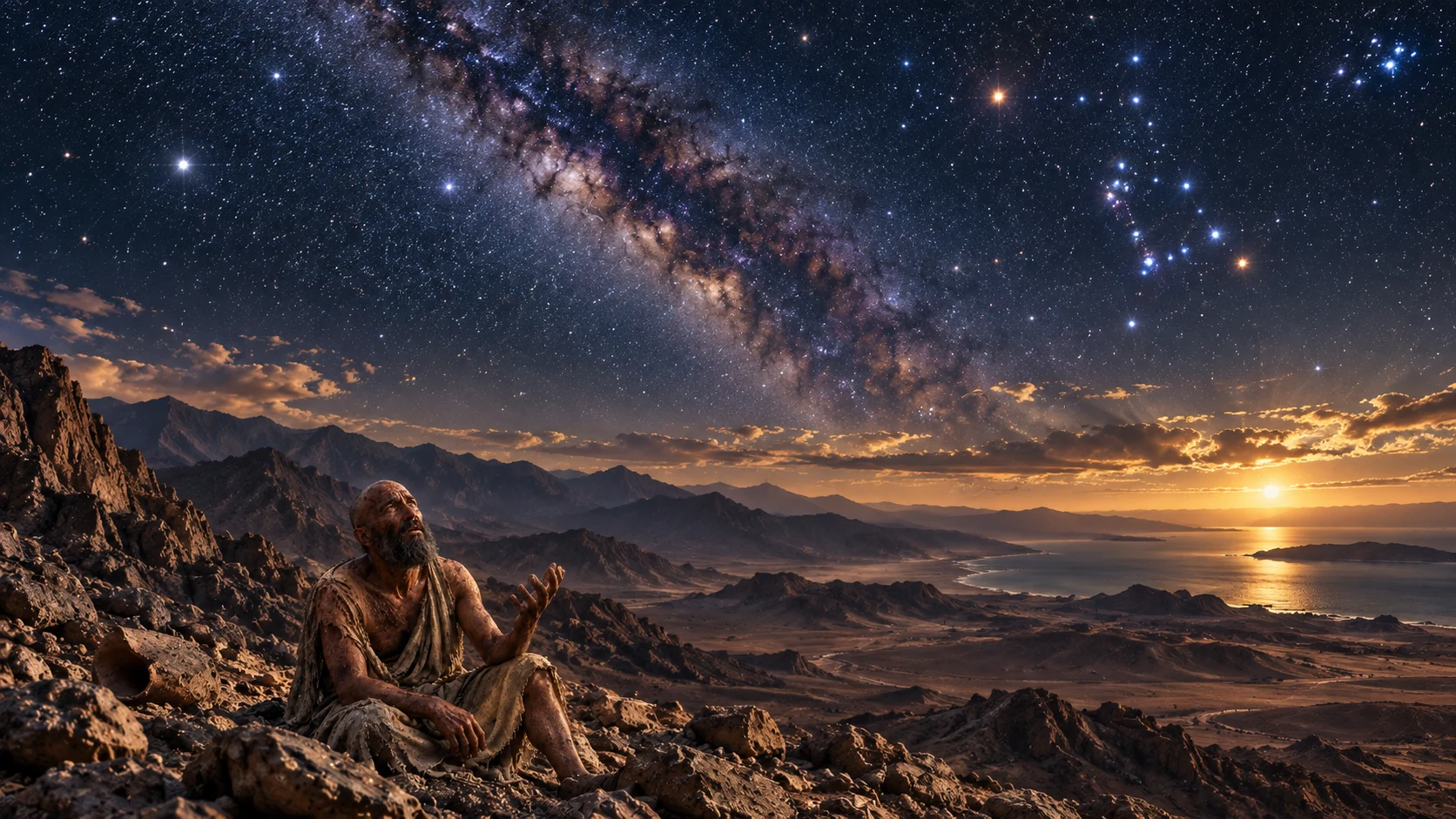 Job appears tiny beneath mountains and a wide, star-filled sky.
