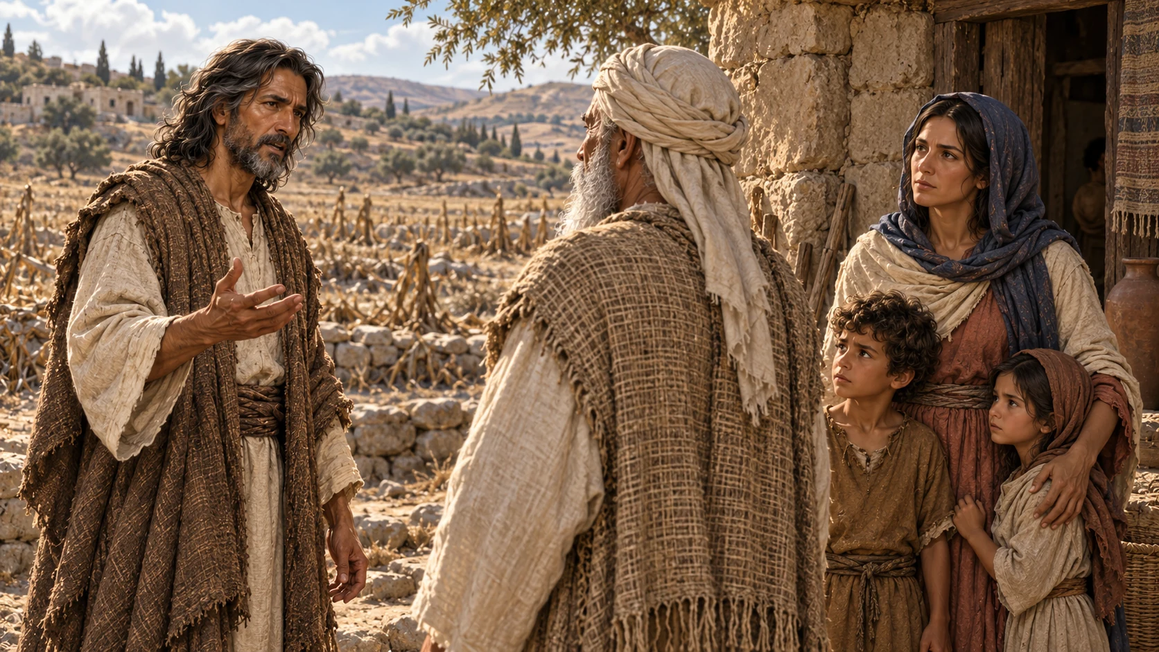 Joel speaks with an elder, a mother, and children beside a village doorway and ruined fields.