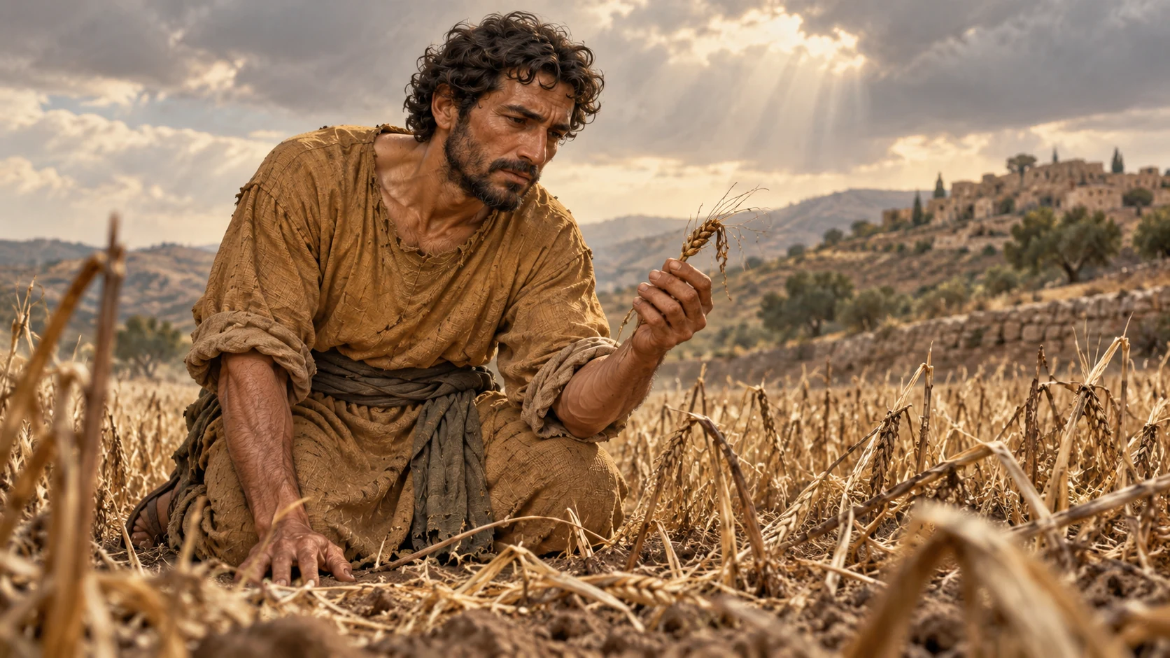 The farming father kneels in ruined barley and holds a dried head of grain.