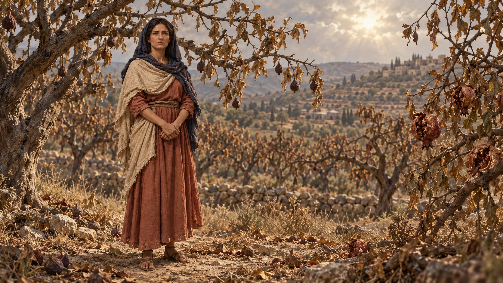 The farming mother stands among withered orchard trees under muted sunlight.