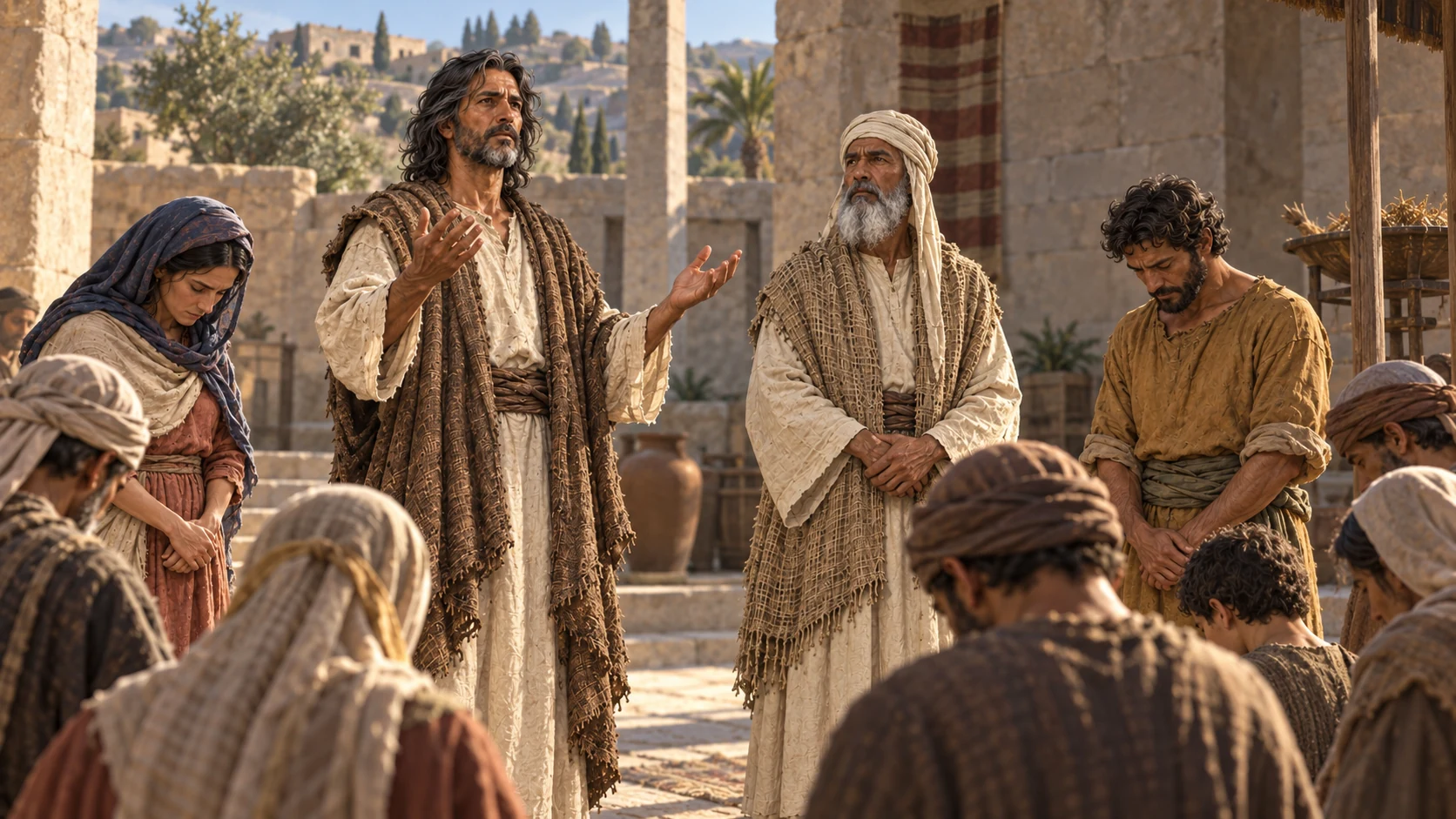 Joel and the priest join a village assembly in a plain sanctuary courtyard.