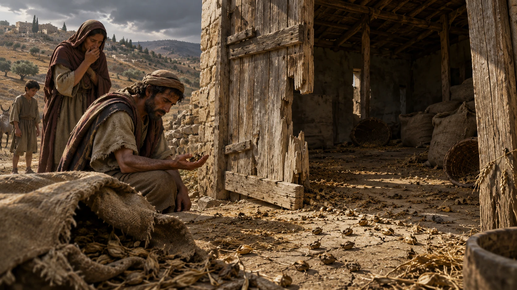A broken granary opens onto dusty empty stores and scattered shriveled seed.
