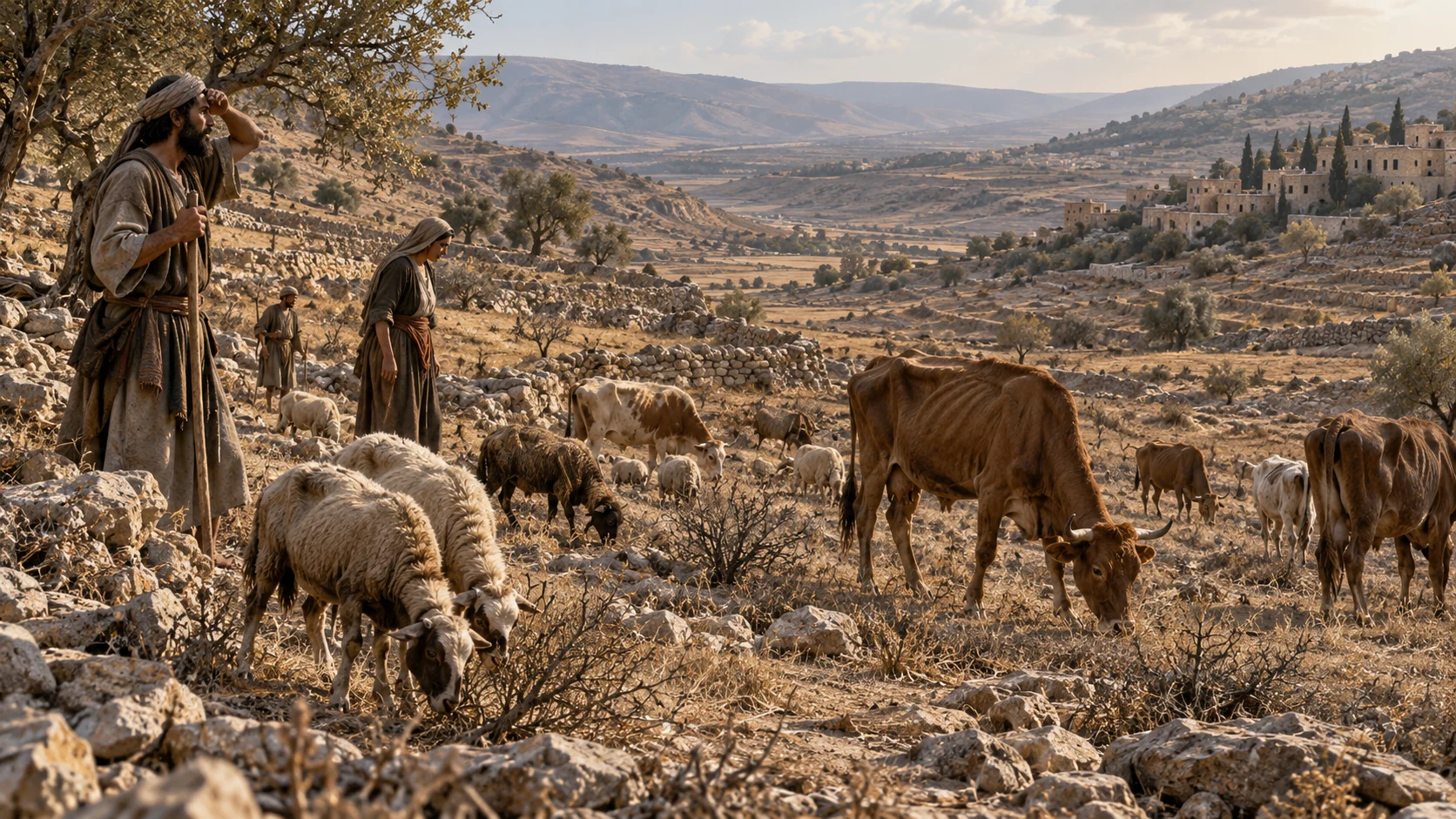 Livestock search for forage across bare, dry terraces.