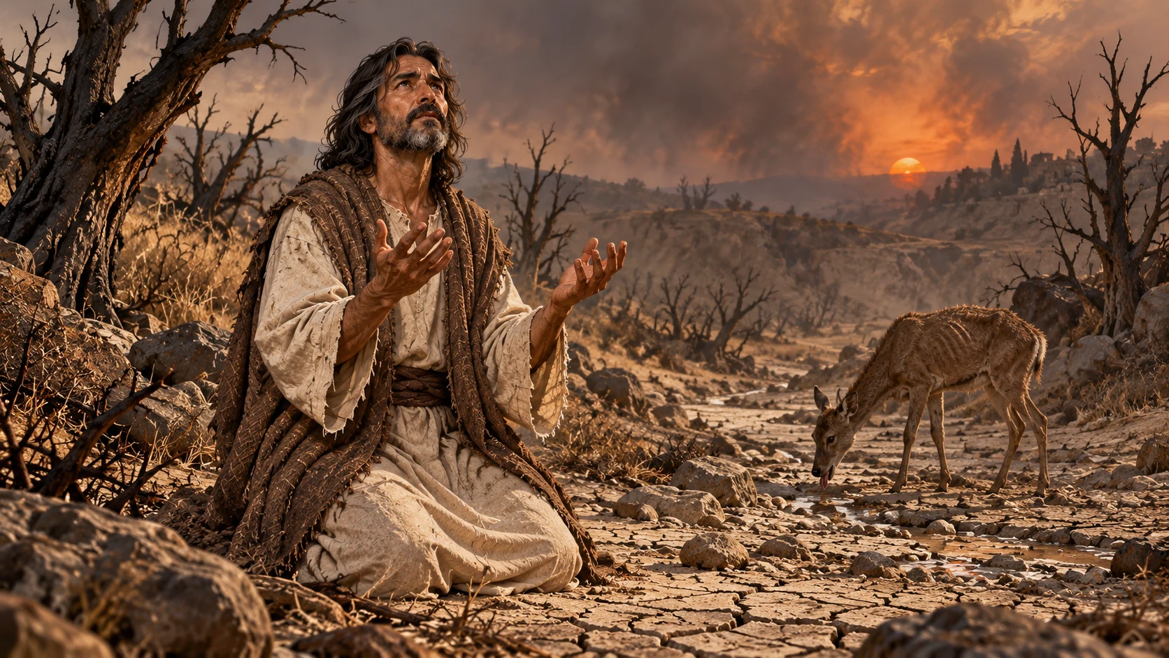 Joel prays beside a dry streambed, with a deer and scorched trees nearby.