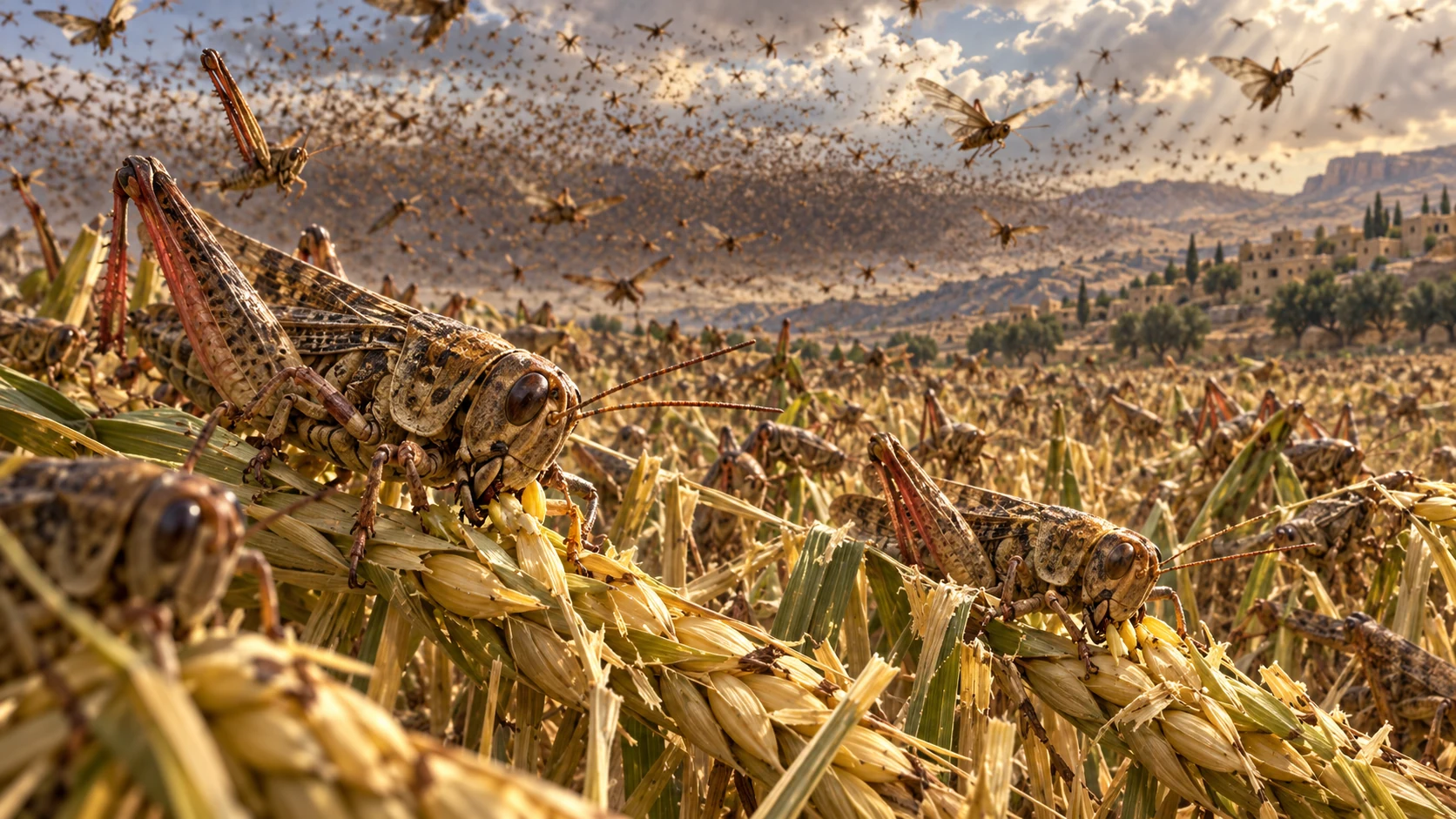 Locusts cluster on barley heads while a dense swarm crosses the field.