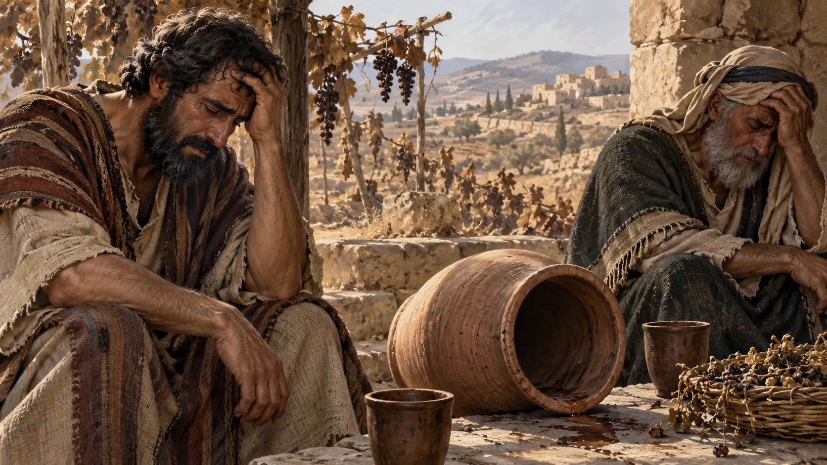 Two distressed adults sit beside an empty clay wine jar.