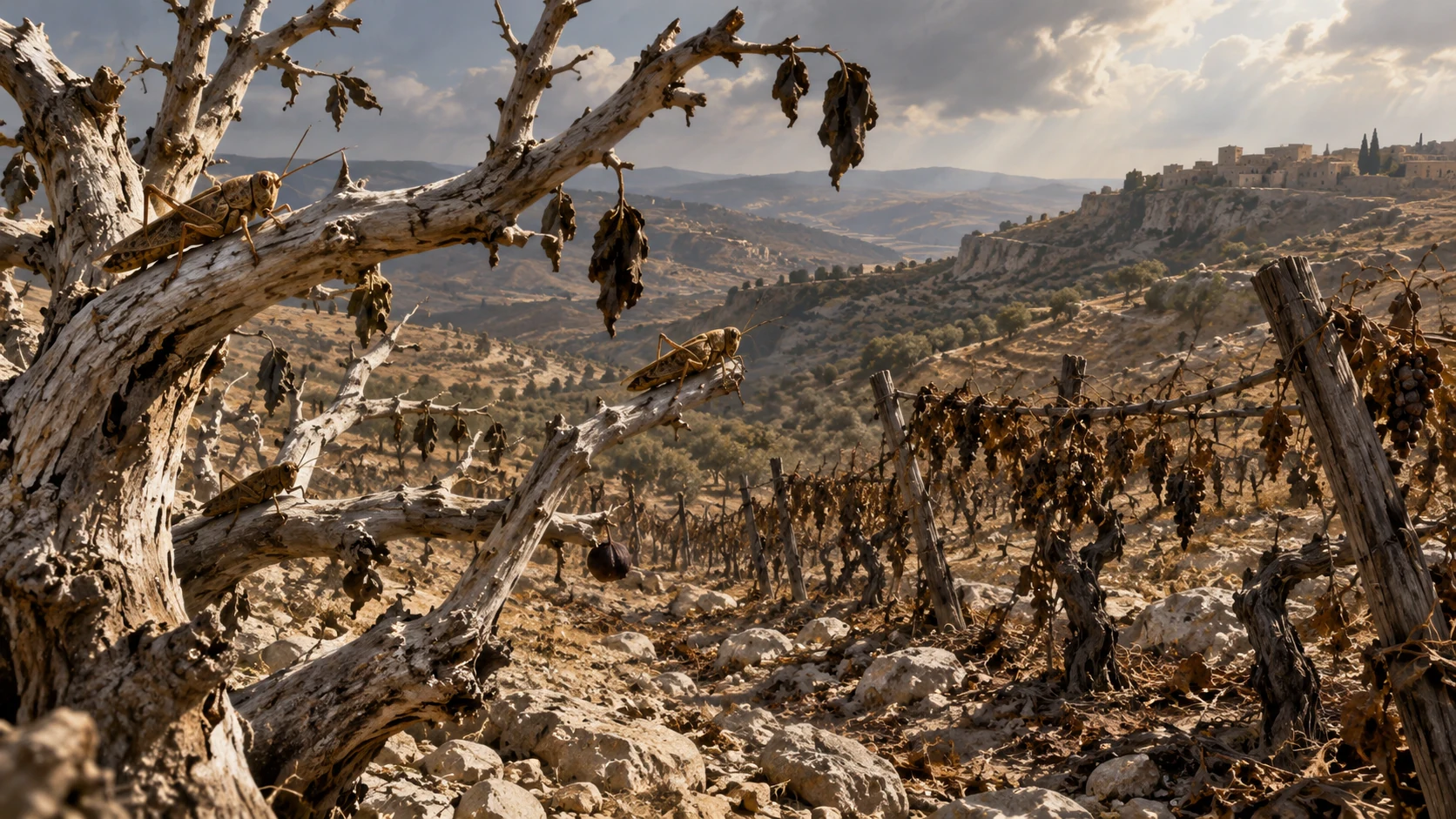 Stripped fig branches and damaged grapevines stand over dry earth.