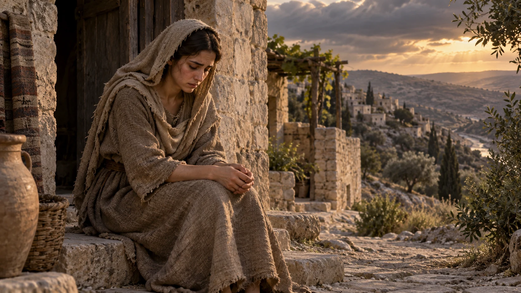 A young woman in sackcloth sits alone beside a doorway, her hands folded in grief.