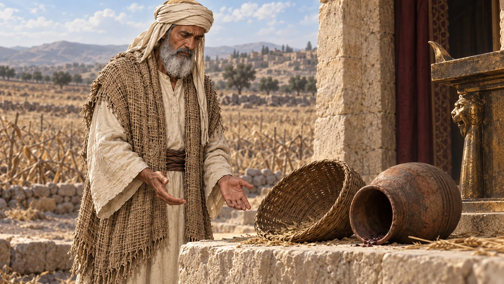 The priest looks down at empty offering vessels beside a rough stone sanctuary.