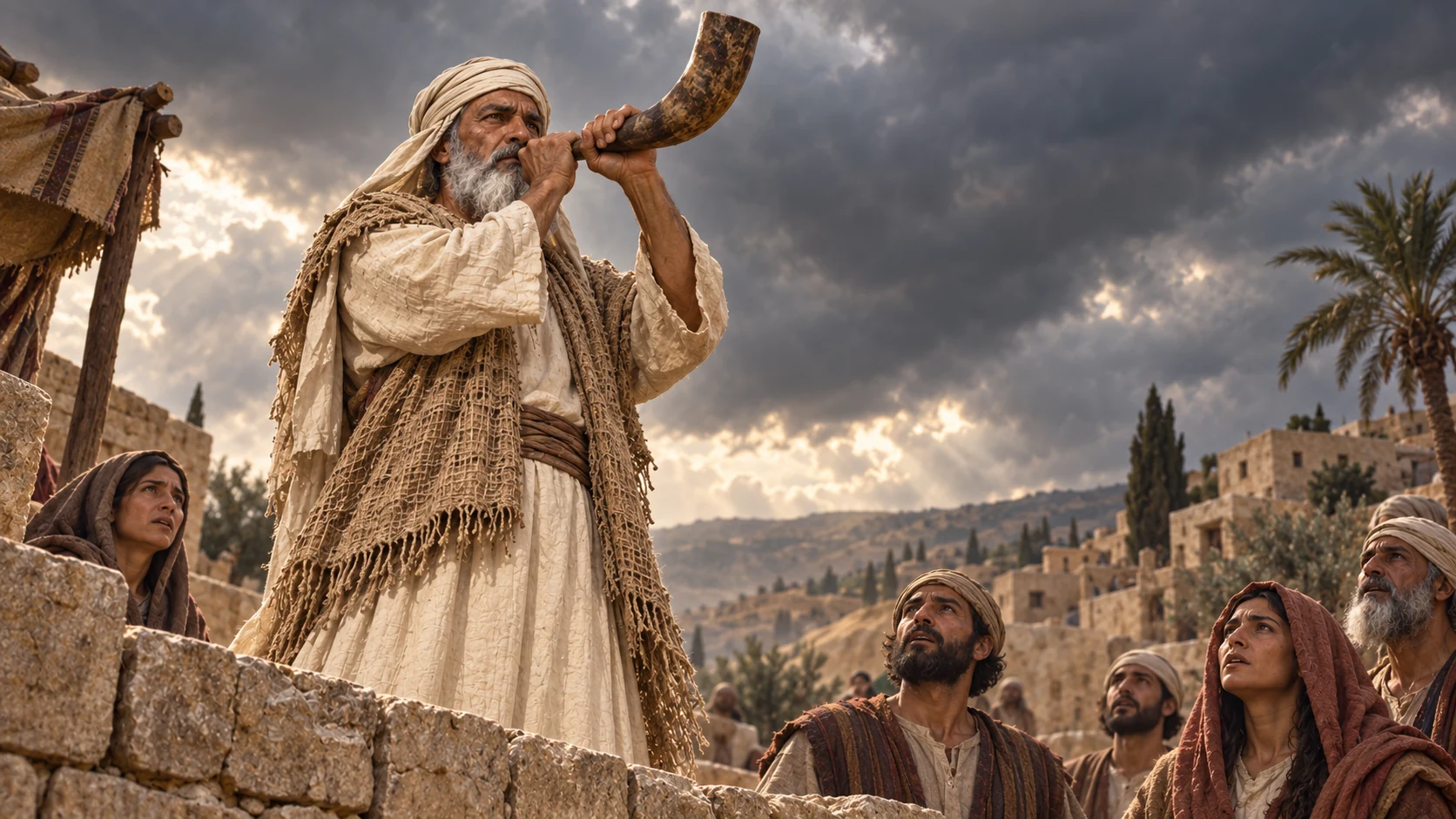 The priest blows a ram horn from a stone terrace beneath a heavy sky.