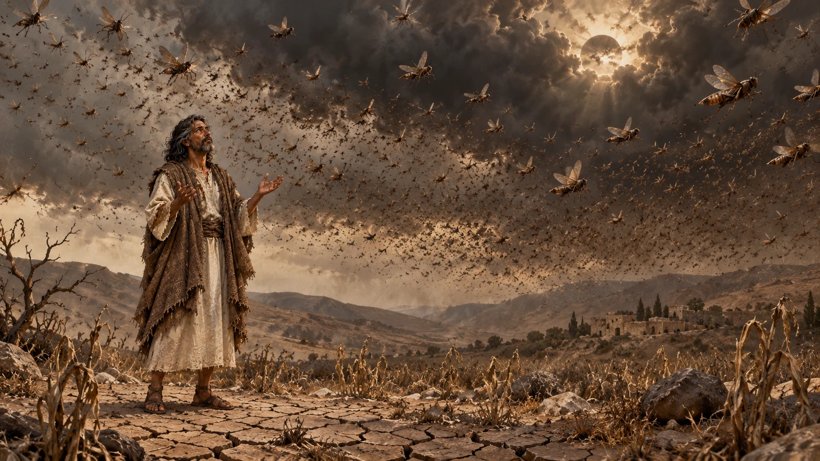 Joel stands beneath darkened heavens above fractured, dry ground.