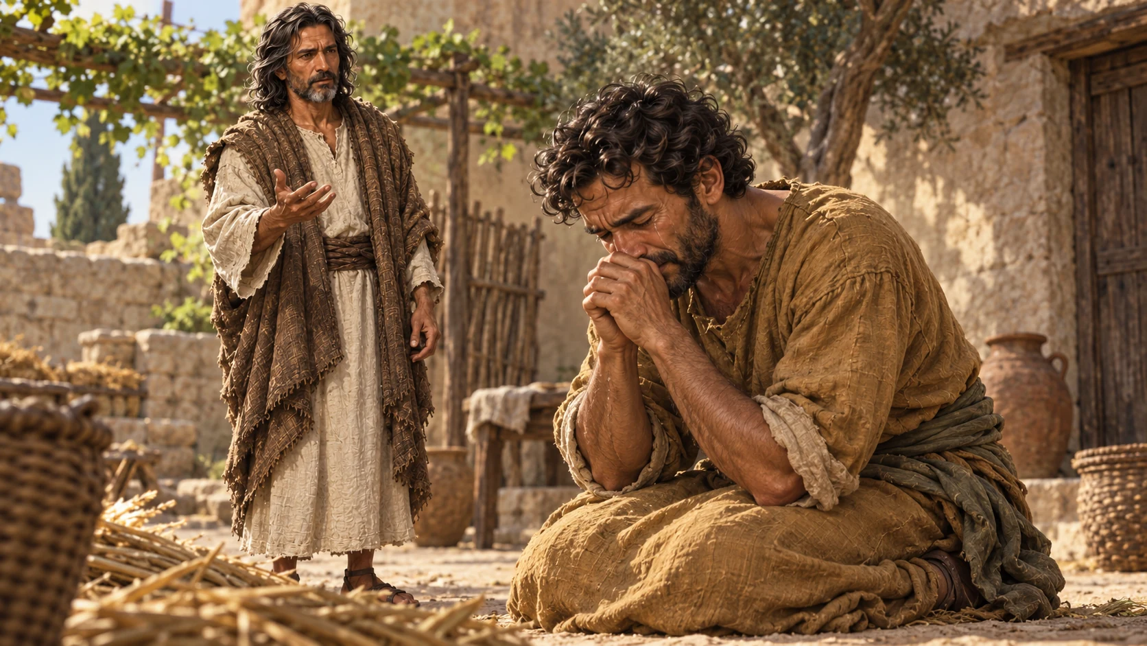 The farming father kneels in tears as Joel speaks nearby.