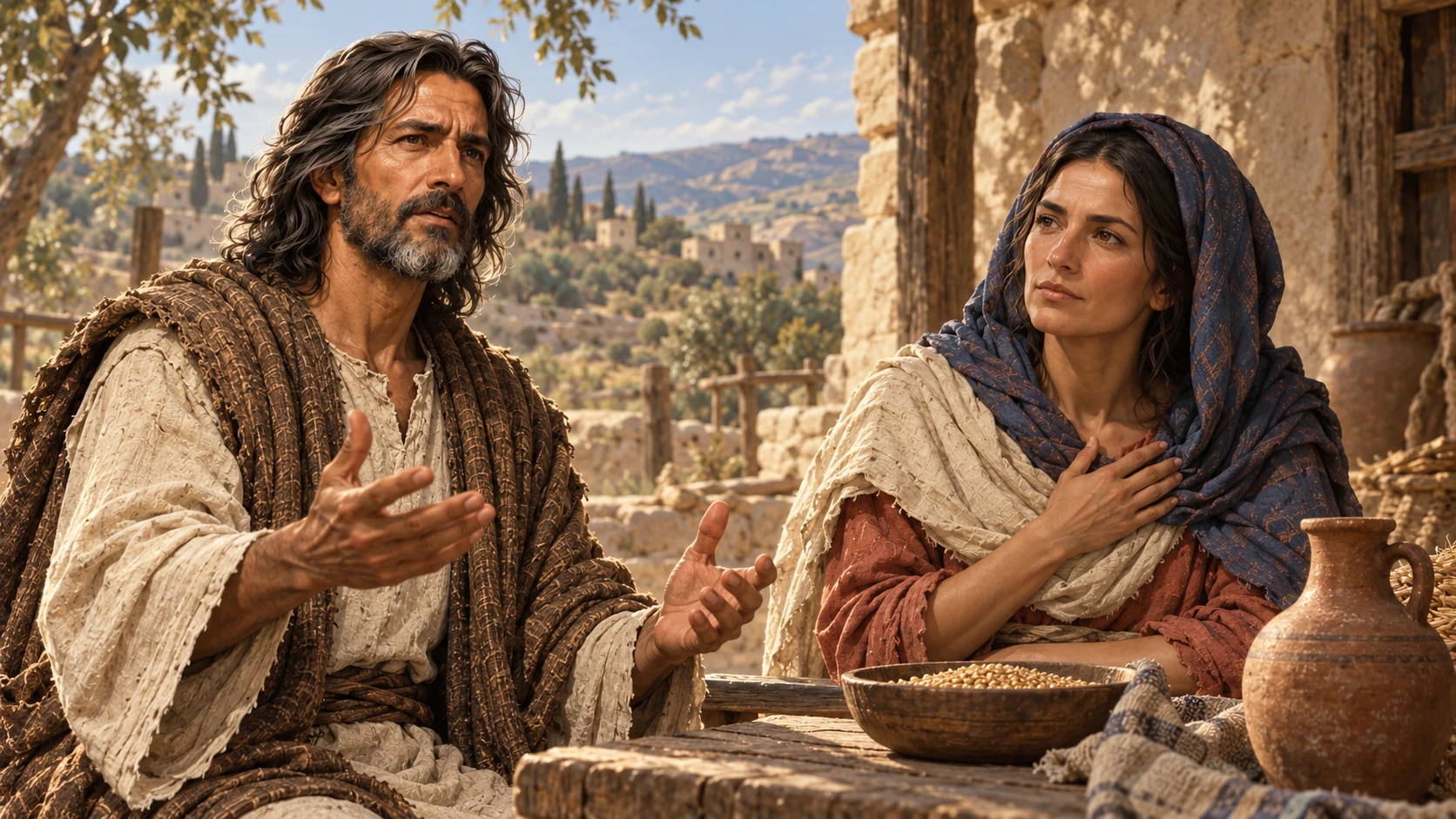The farming mother listens to Joel with a hand over her heart beside offering vessels.