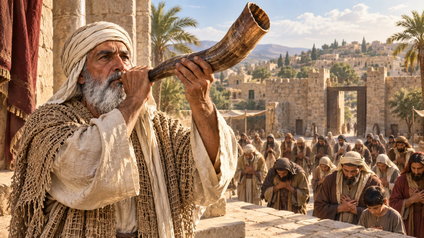The priest raises a ram horn above paths leading toward an assembling community.