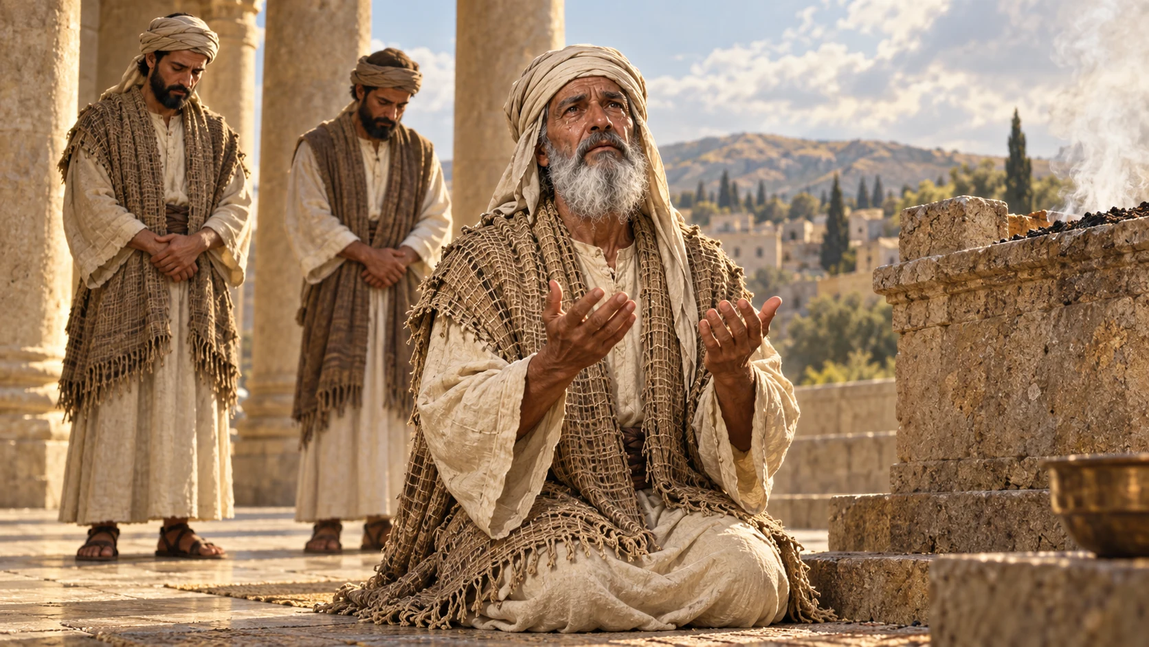 The priest kneels in tears between a plain porch and an altar, with other ministers behind him.