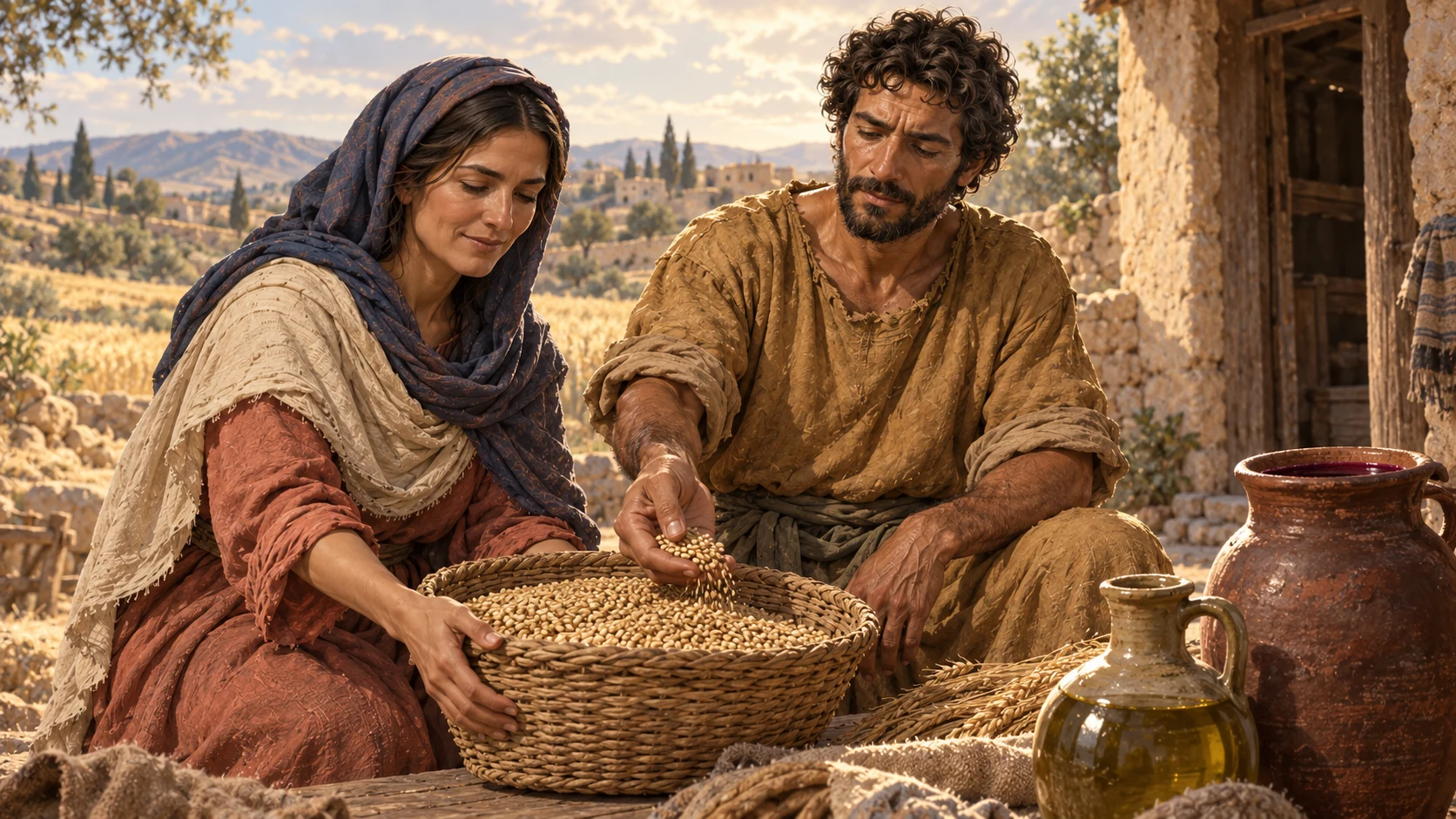 The farming family receives a basket of grain beside wine and oil vessels.