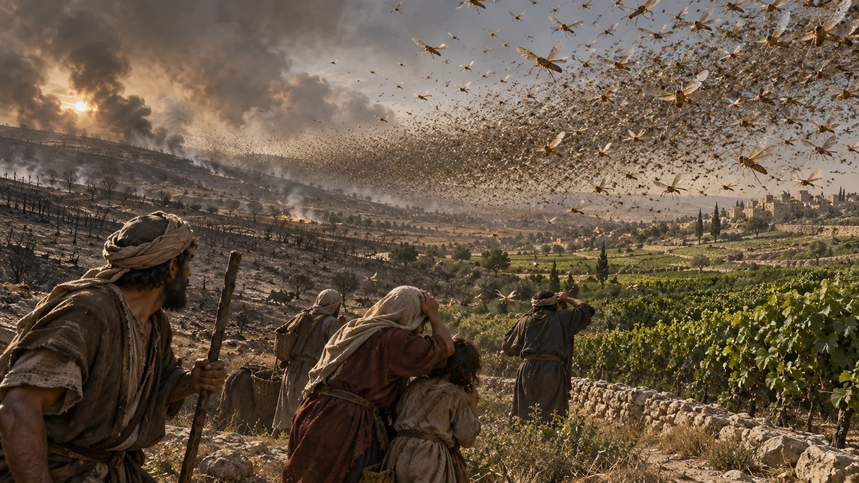 A vast locust front crosses the hills between green cultivation and scorched land.