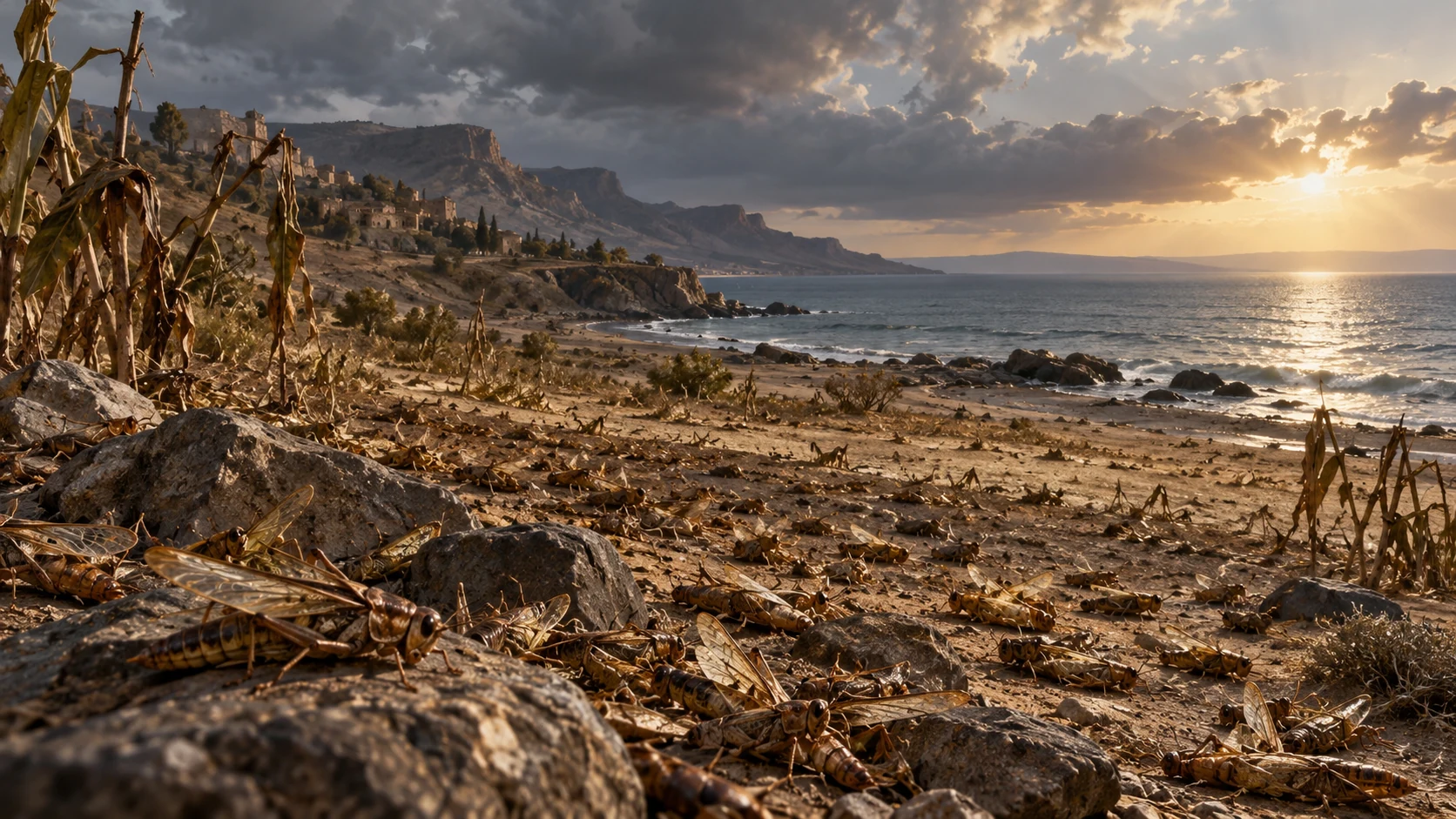 A spent locust swarm lies along a barren shore beside the sea.