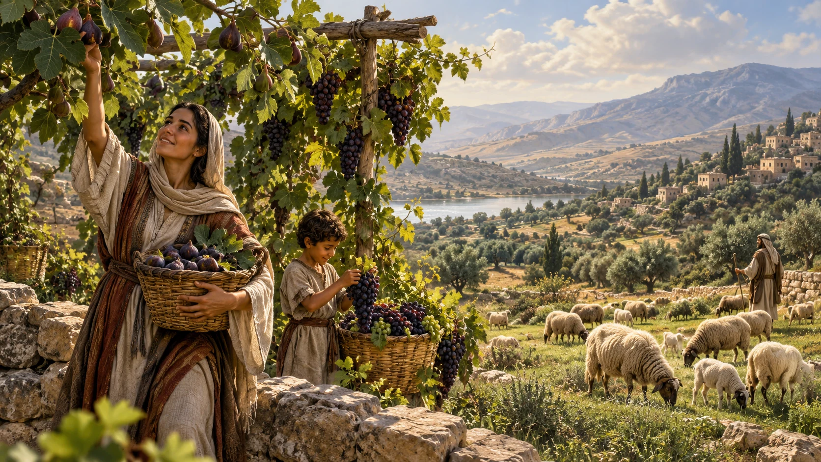 Sheep graze on green terraces beneath fruitful trees and vines.