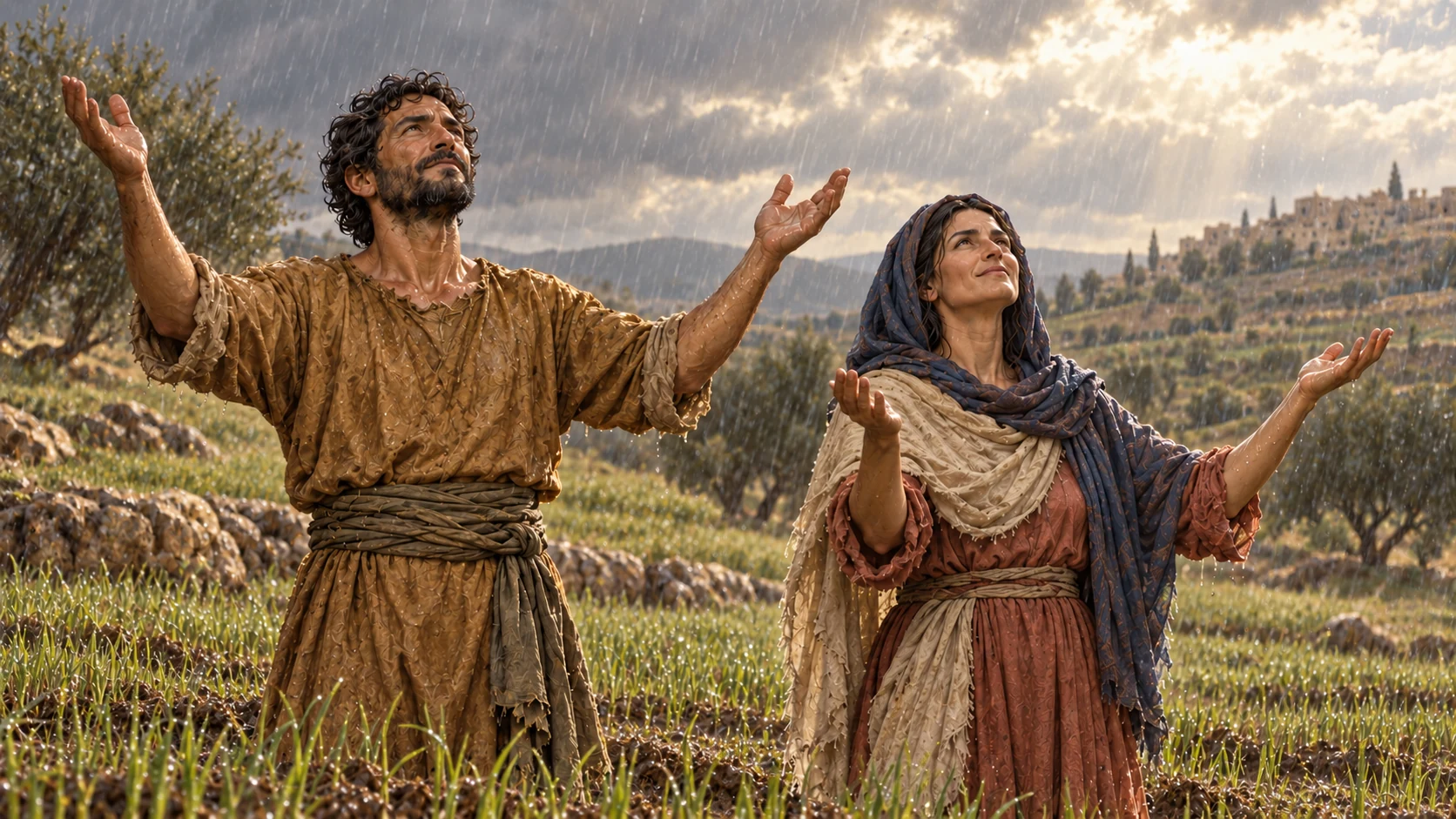 The farming parents lift grateful faces into rain beside fresh cereal shoots.