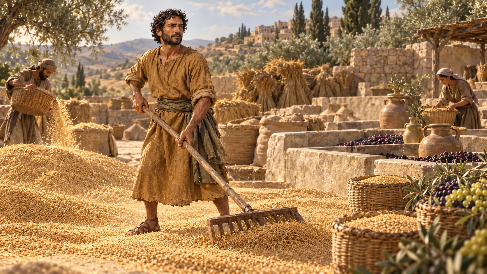 The farming father works on a threshing floor beside piled grain, stone vats, and oil jars.