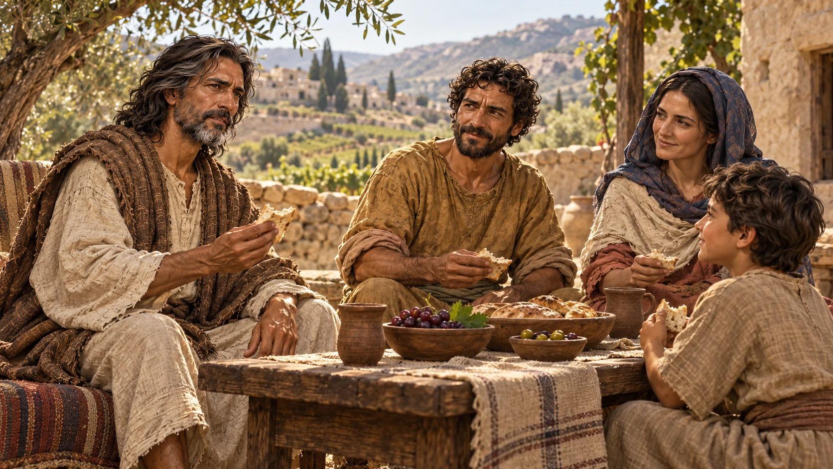 Joel and the farming family share bread, fruit, and olives in quiet gratitude.