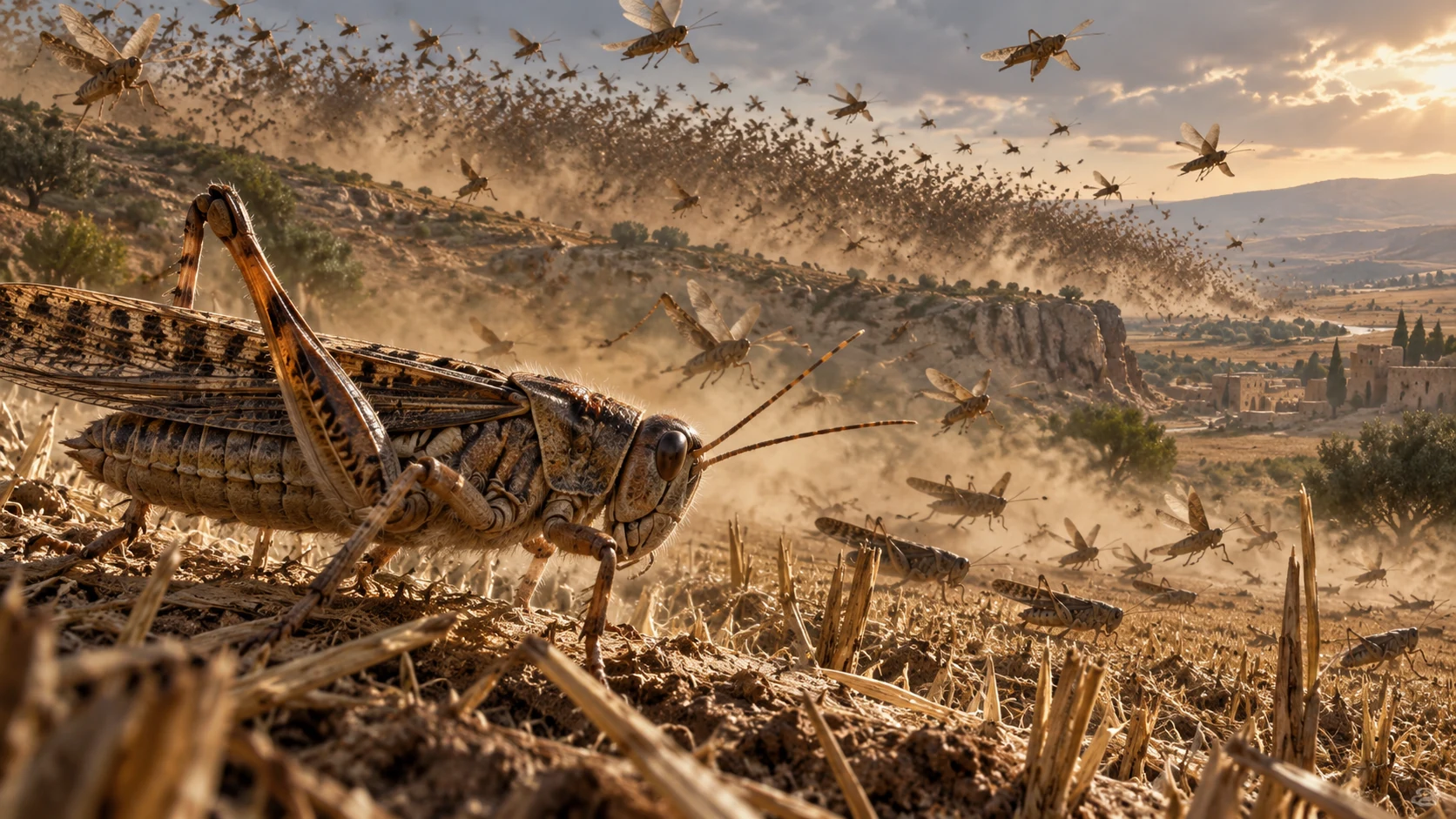 A locust stands on stubble while a swarm rushes across the ridge behind it.