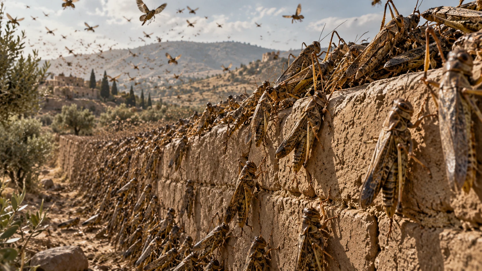 Dense lines of locusts climb a rough mudbrick wall.