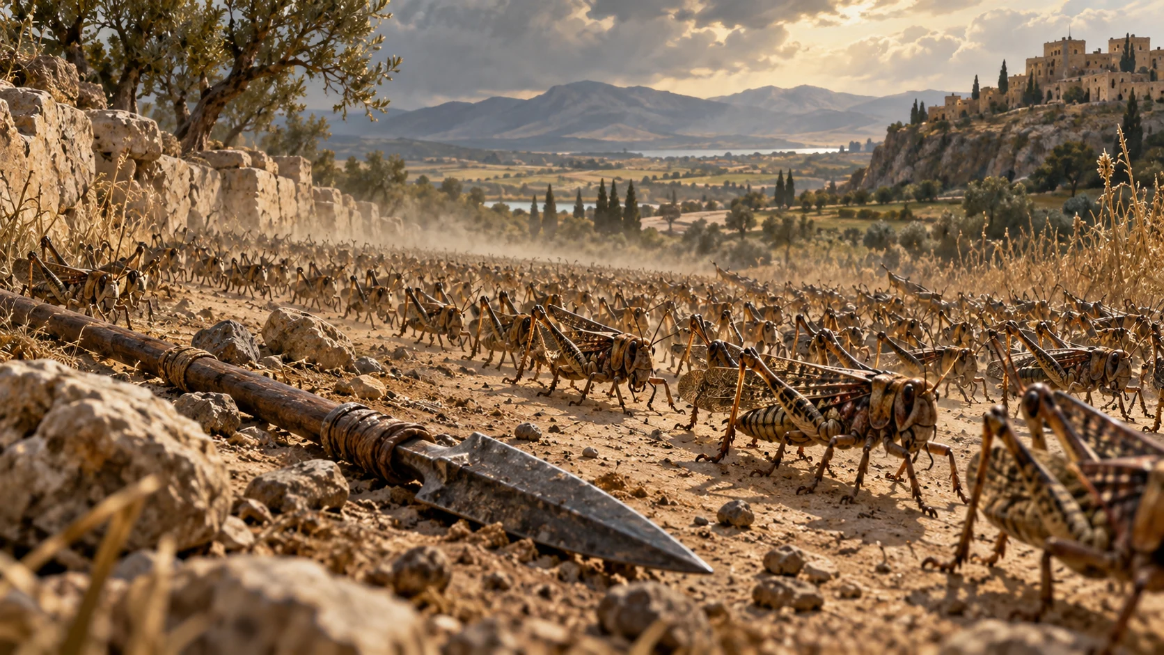 Locusts advance through the dust around a fallen ancient spear.