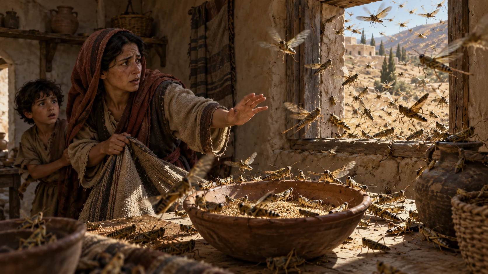 Locusts enter a small house window and spread around a clay bowl.