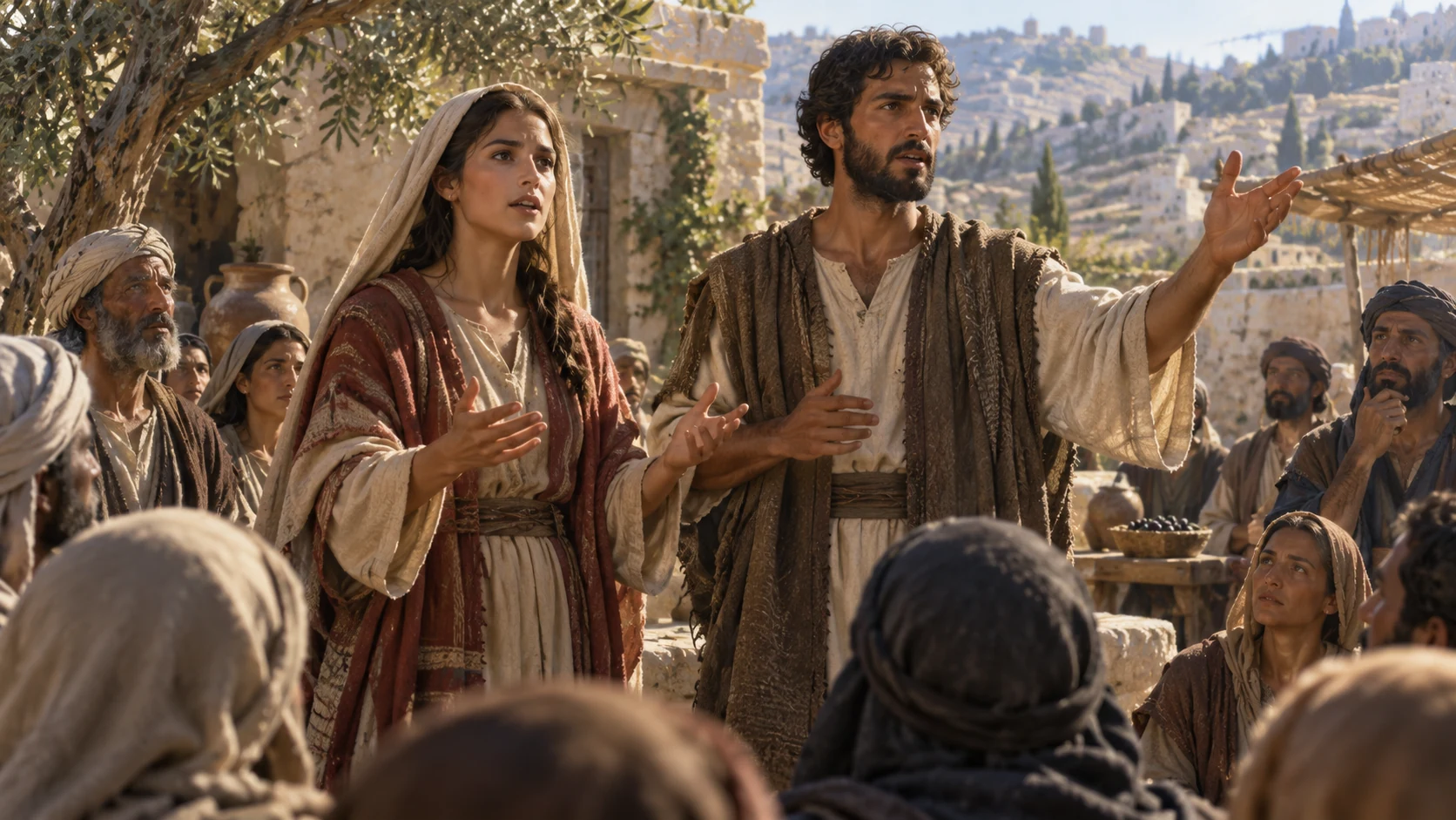A young woman and man speak with conviction to listeners in a Judean courtyard.