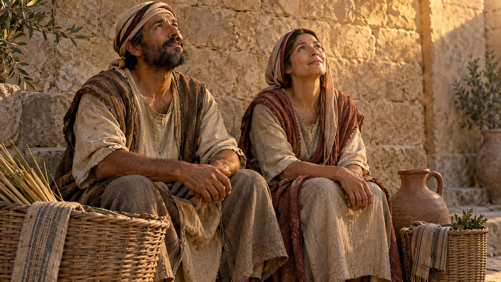 Two adult servants sit together with their work baskets set aside and look upward in quiet awe.