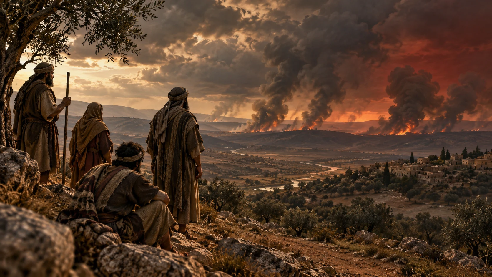 Fire and columns of smoke rise over a dark landscape beneath clouded heavens.