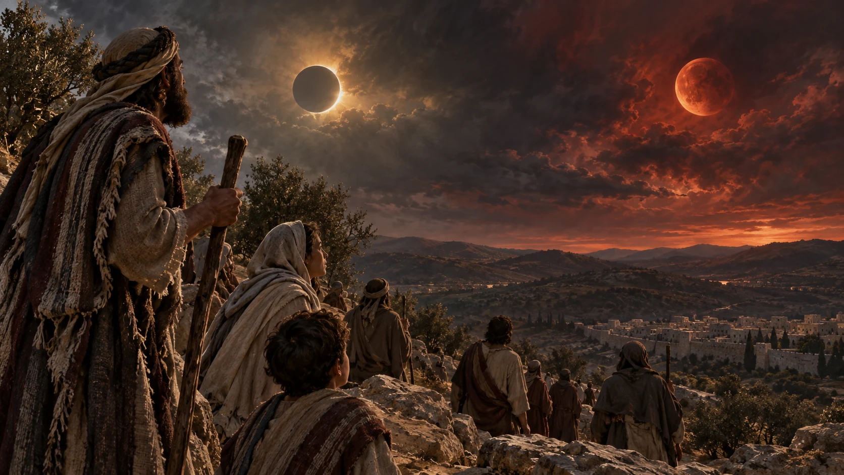 A darkened sun and copper-red moon hang above Judean hills and watching figures.