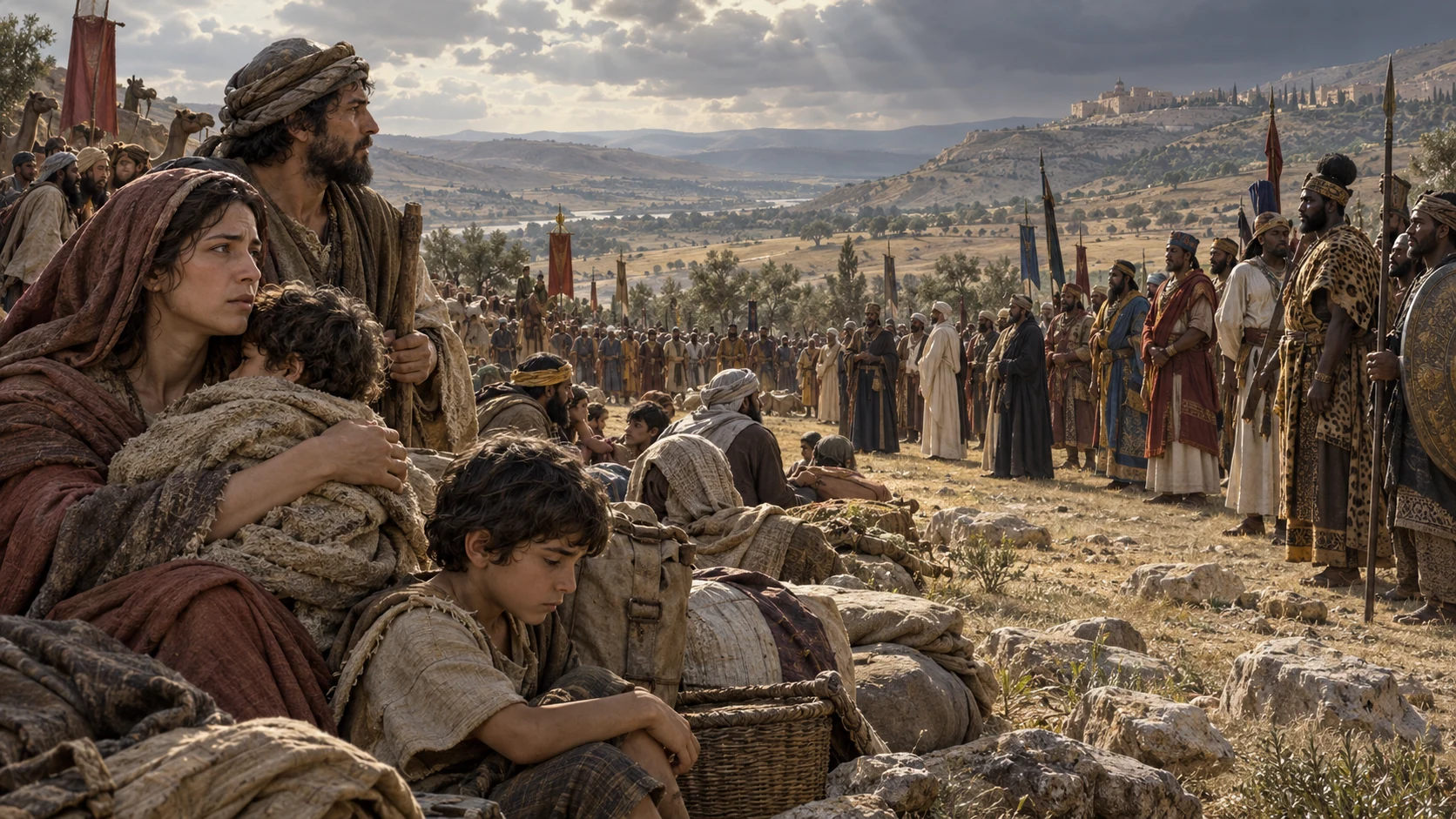 Ancient delegations gather in a broad valley while displaced families wait in the foreground.