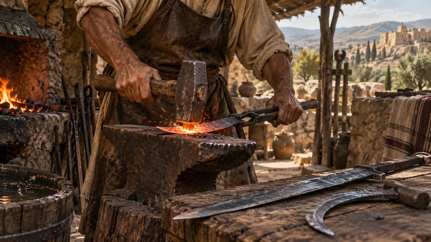 A smith hammers a repurposed farming blade above coals beside unfinished weapons.