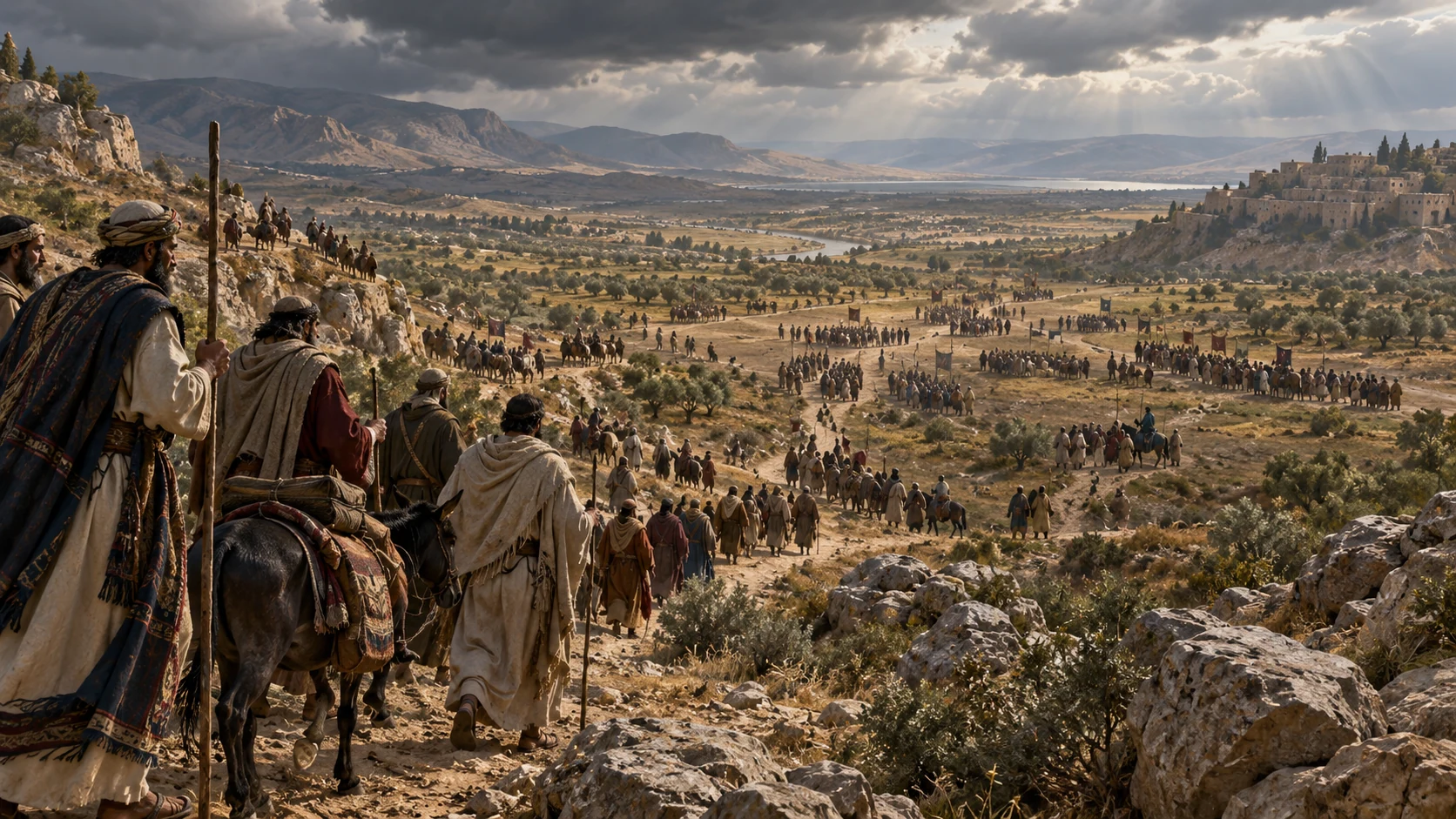 Small delegations converge on a broad valley beneath a heavy sky.