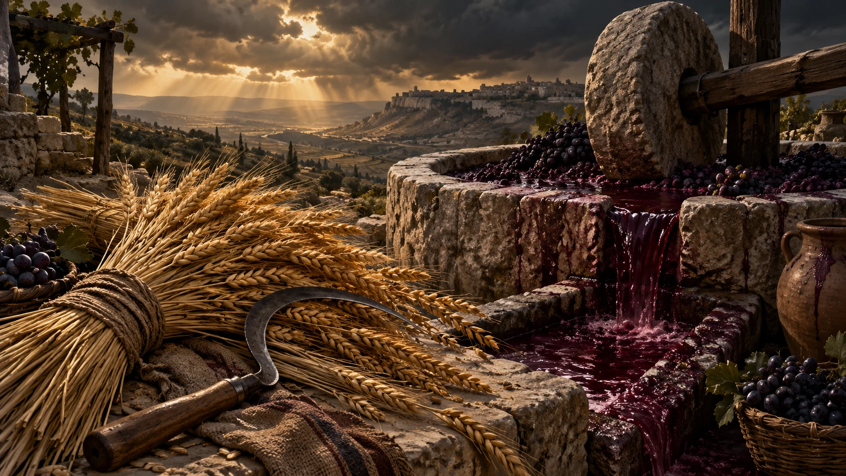 A sickle and ripe grain lie beside an overflowing stone winepress.
