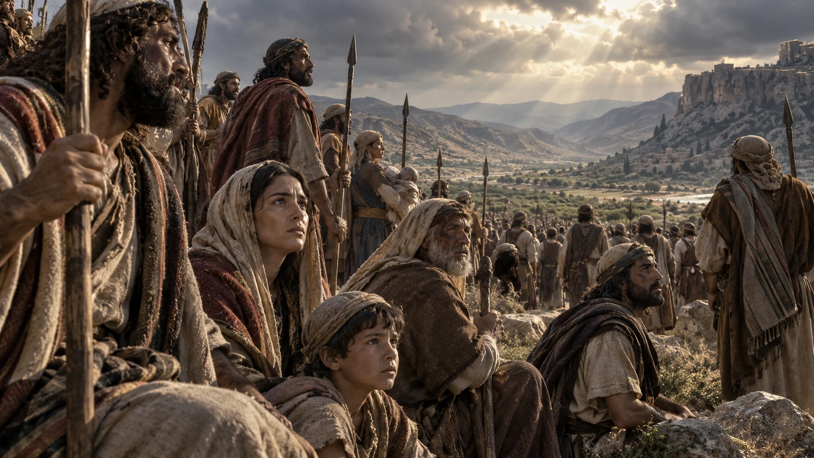 A multitude waits in a valley, solemn faces filling the foreground.