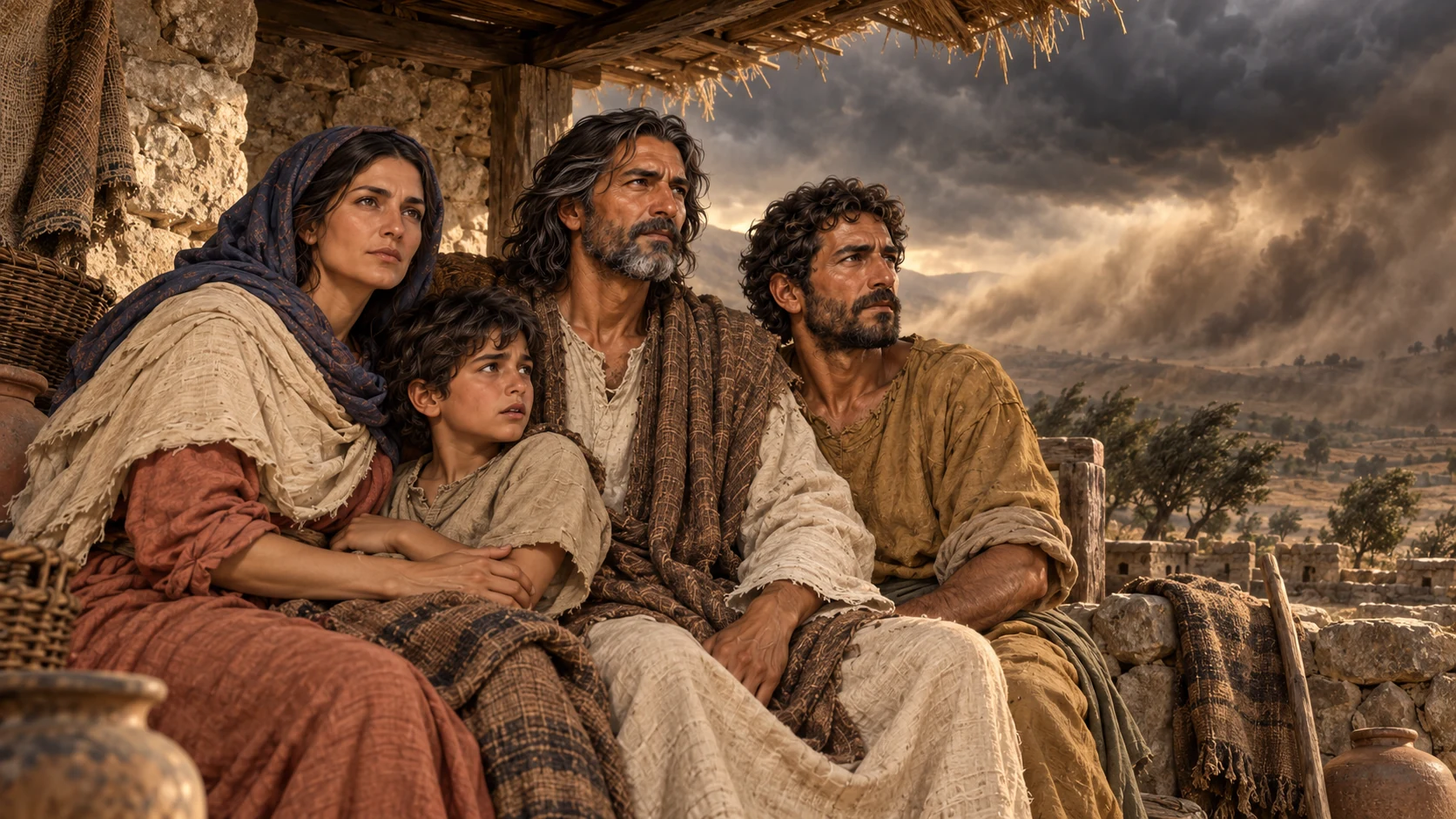 Joel and the farming family shelter under a rough stone porch as the valley darkens.